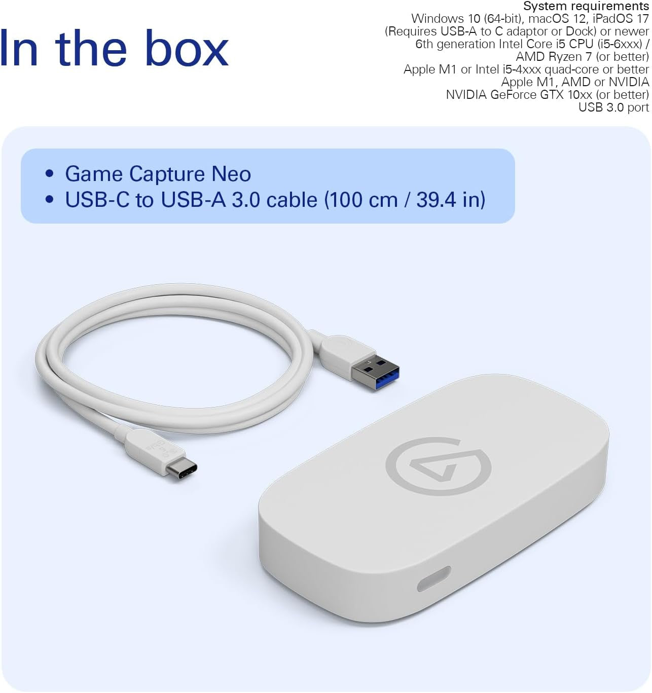 Game Capture Neo β USB Portable Capture Card 4K60 HDR Passthrough, 1080P60 Video Recording β for Ps5/Xbox/Switch/Iphone β in OBS, Quicktime and More - Plug & Play/Works on Laptop, PC, Mac, Ipad