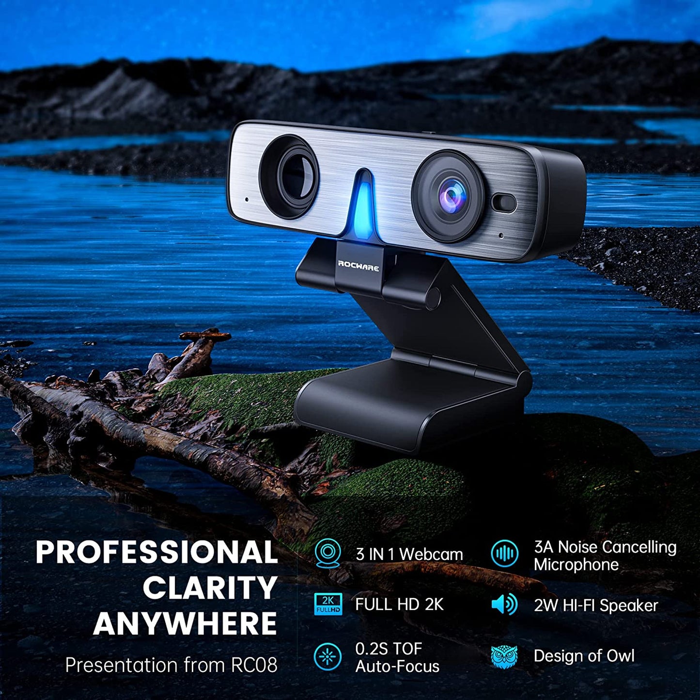 RC08 2K Webcam with Speaker, Webcam for PC, HD Web Cam with Noise Reduction Mic/Harman Speaker/4X Eptz/Privacy Cover/0.2S Auto-Focus/Low Illumination, Computer Camera for Zoom/Teams/Meeting