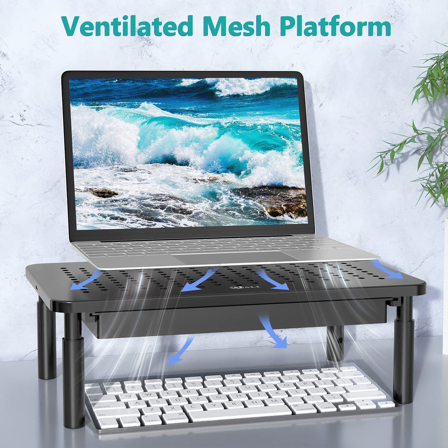 Computer Monitor Stand with Storage, Desk Monitor Riser 3 Height Adjustable, Laptop Riser with Airflow Vents, Desk Organizer for Computer, Laptop, Printer, Notebook (STT003D-B), 1 Pack, Black