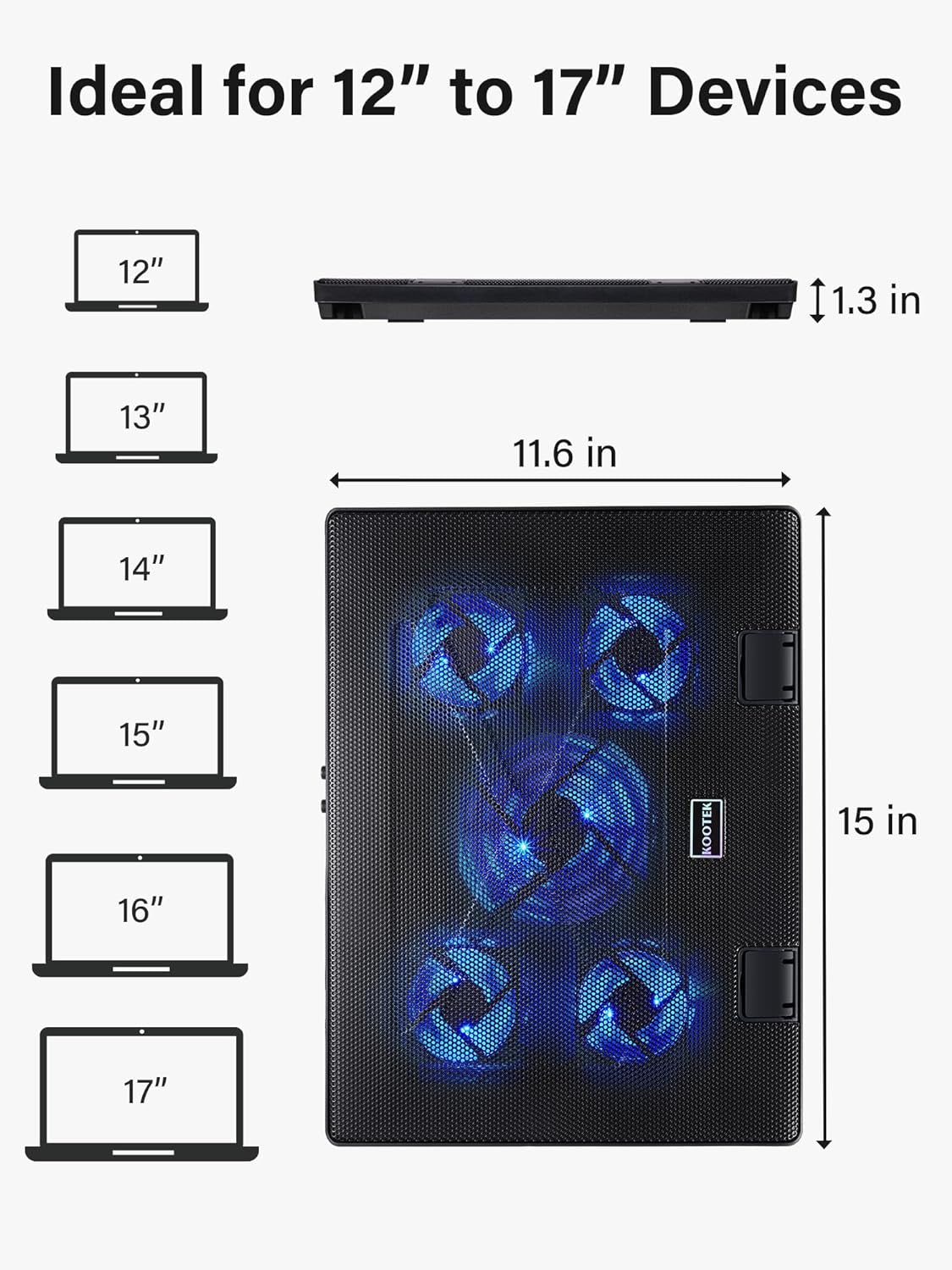 Laptop Cooling Pad, Laptop Cooler with 5 Quiet Fans for 12"-17" Computer PC Notebook Gaming Laptop Fan, Height Adjustable Laptop Cooling Stand Laptop Accessories, Blue