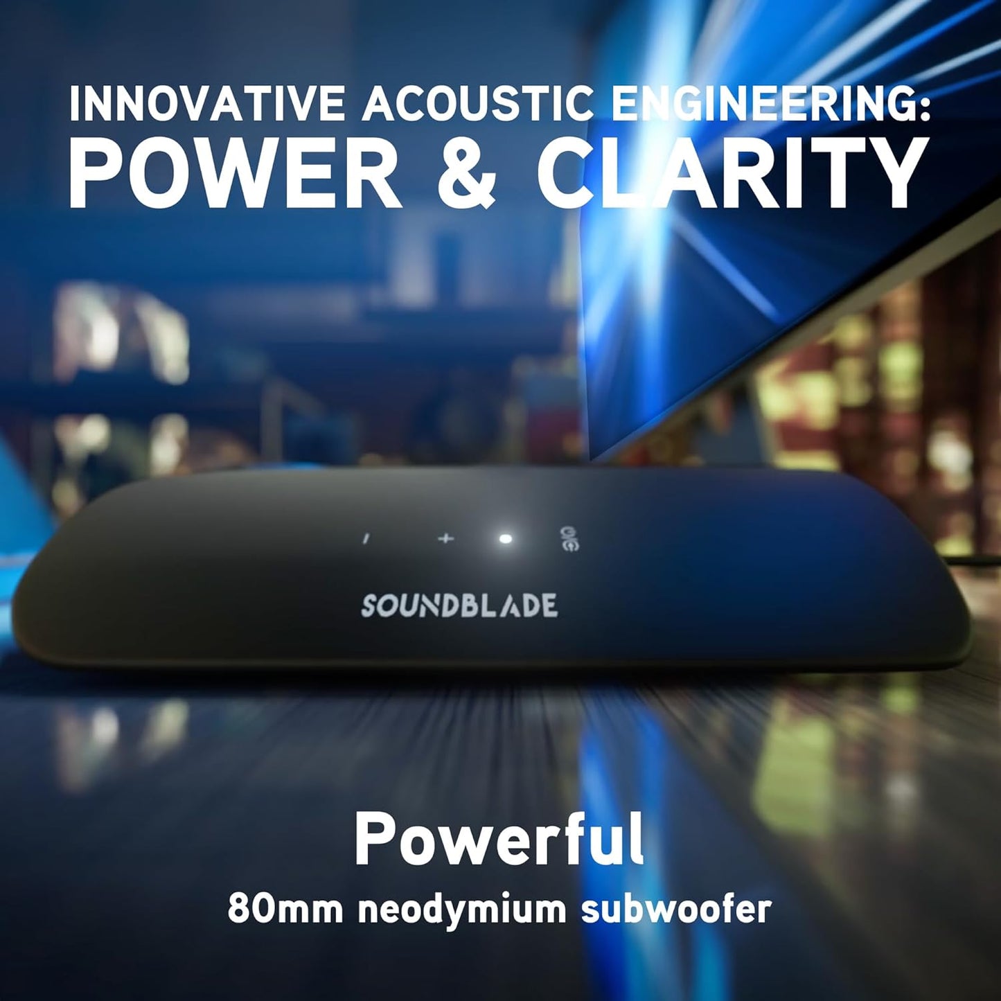 Soundblade under Monitor Soundbar, Powerful 120 Watt, 2.1 Channel USB-C, Bluetooth 5.3 Desktop Speaker for PC, Mac for Streaming Content, Music and Gaming. (Charcoal)
