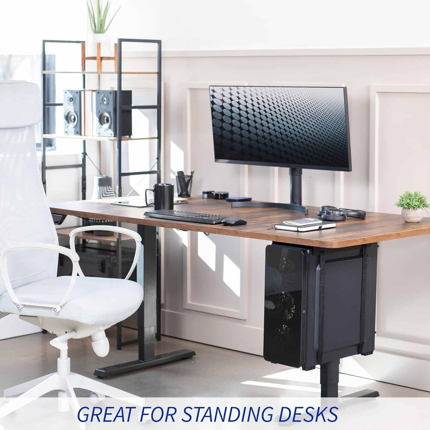 Under-Desk and Wall Mount PC Adjustable Strap and Steel Bracket Holder, Computer Case Carrier, Black, MOUNT-PC02S