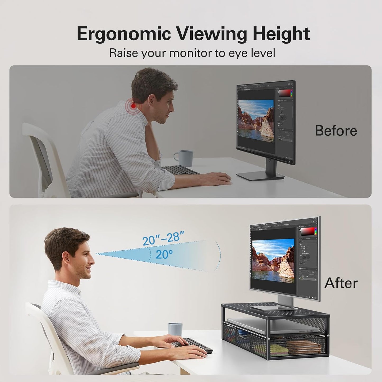 2 Tier Monitor Stand, Metal Monitor Riser with Storage, Computer Desk Organizer with Drawer for Laptop, Computer, PC, Black
