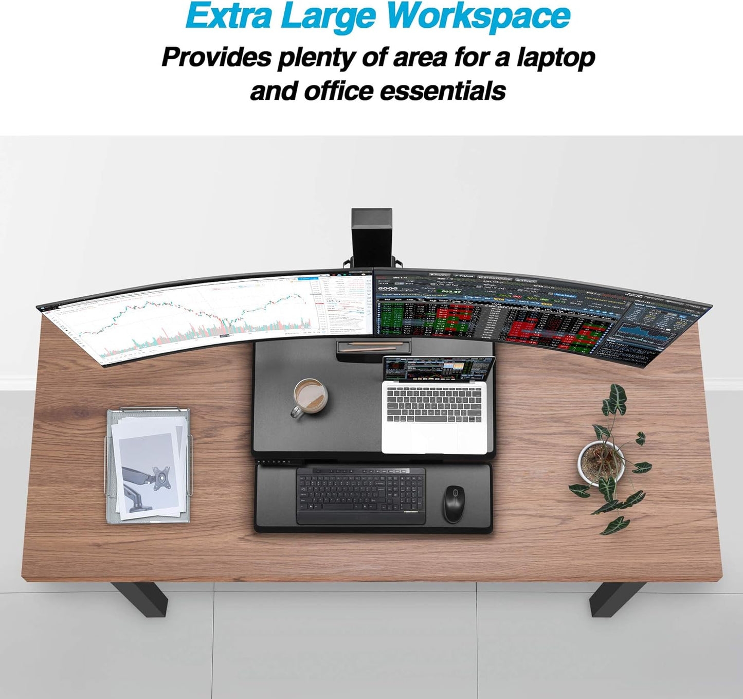 Dual 32" Monitor Electric Standing Desk Converter with Huge Keyboard Tray Extra Large 28"X 16" Spacious Tabletop Motorized Automatic Height Adjustable Sit to Stand Table Sturdy Small Footprint