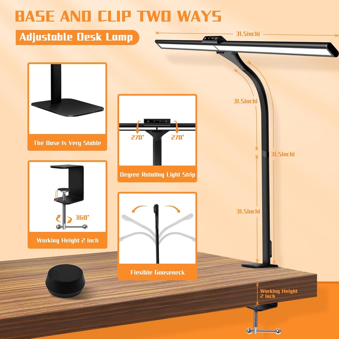 LED Desk Lamp, Office Architectural Desk Lamp, 31.5'' Large Size Office Lighting, 24W 5-Colour LED Computer Monitor Gooseneck Smart Lamp with Holder for Studying, Creating and Reading