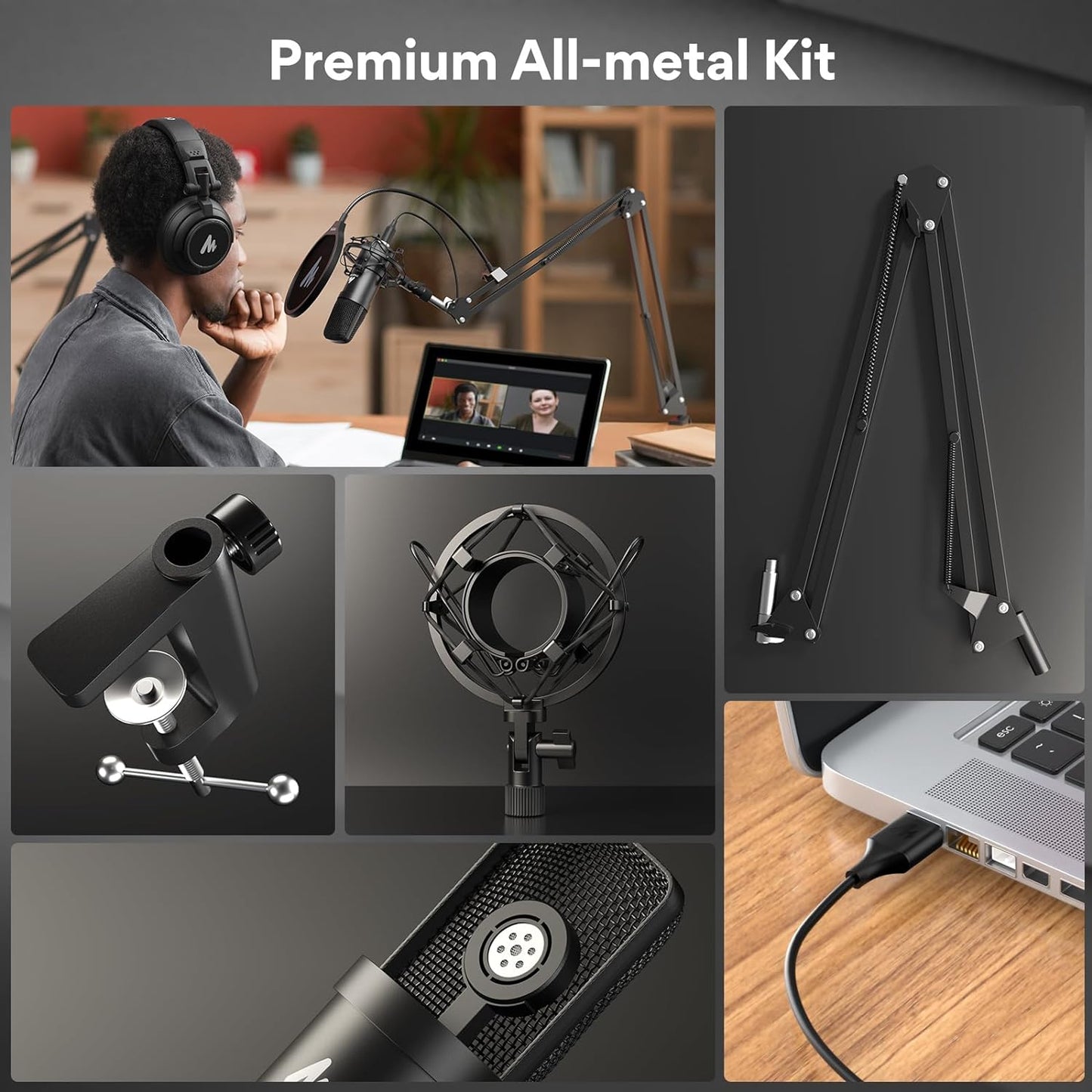 USB Microphone, 192Khz/24Bit Plug & Play PC Computer Podcast Condenser Cardioid Metal Mic Kit with Professional Sound Chipset for Recording, Gaming, Singing, Youtube (AU-A04)
