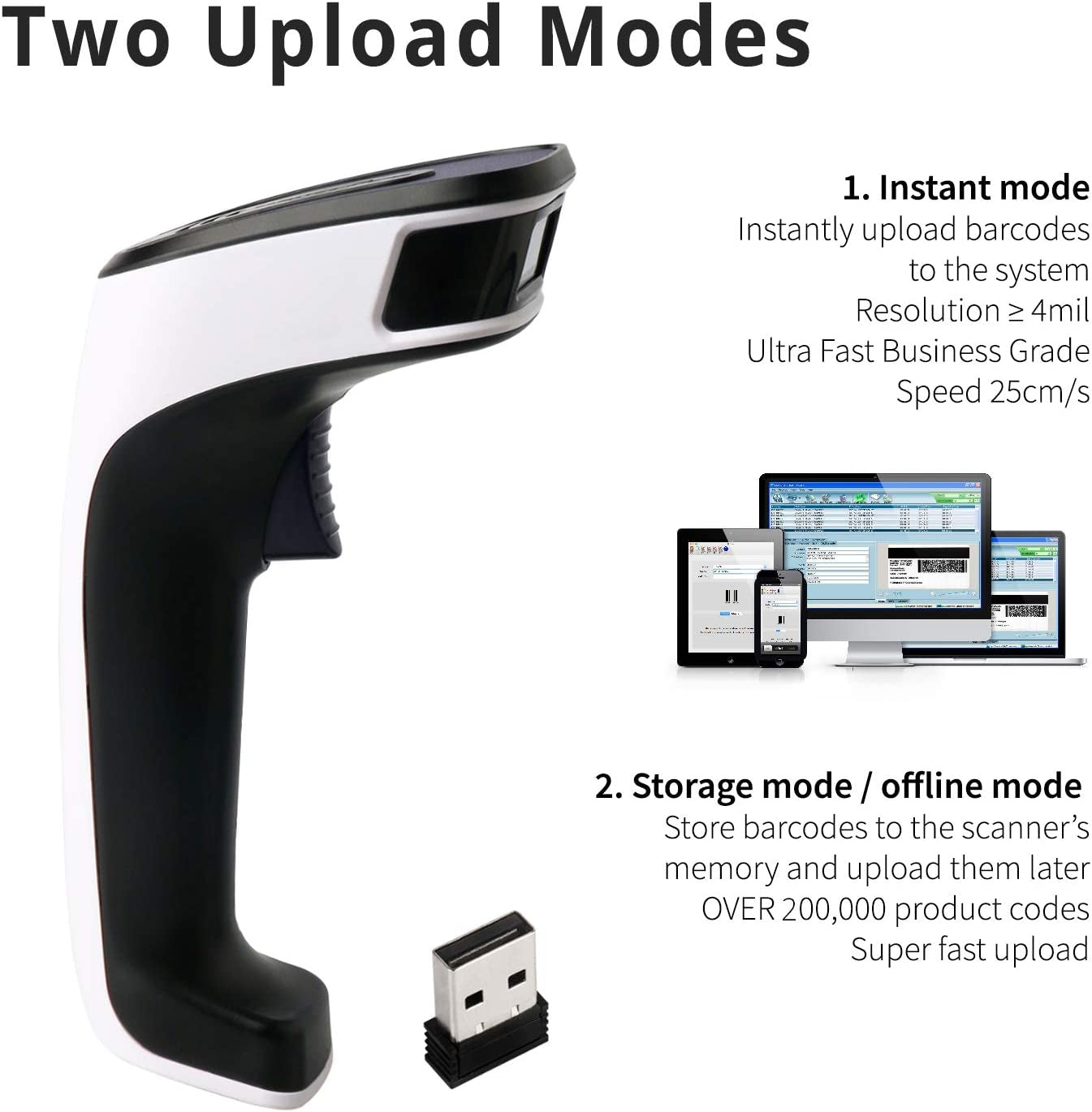 Portable Wireless Bluetooth Barcode Scanner: 3-In-1 Hand Scanners - Cordless, Rechargeable 1D and 2D Scan Gun for Inventory Management - Wireless, Handheld, USB Bar Code/Qr Code Reader