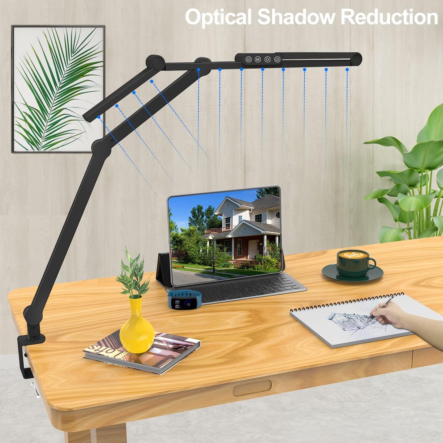 Led Desk Lamp with Clamp, Architect Desk Lamp for Home Office with Atmosphere Lighting, 24W Ultra Bright Auto Dimming Computer Light Stepless Dimming and Tempering LED Table Light