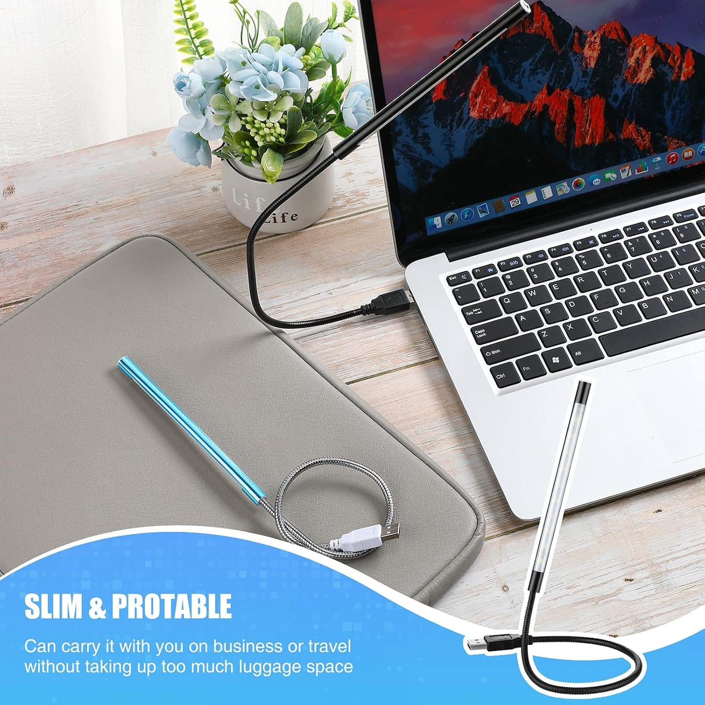 2 Pieces USB LED Light for Laptop Keyboard Light Gooseneck Computer Lamp Flexible Stick Dimmable LED Lamp Touch Switch for Reading Book(Black, Blue)