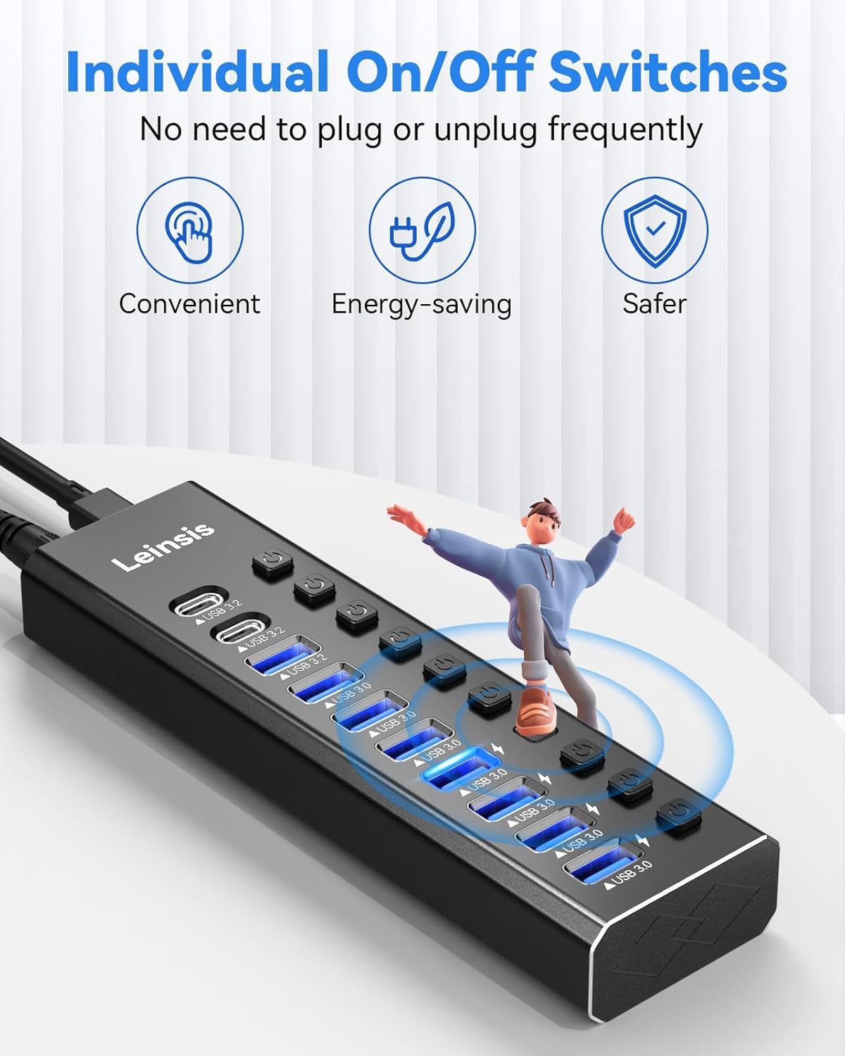 Powered USB Hub 3.2, 10-Port USB 3.2/USB C Hub (10Gbps USB-A 3.2 +2 USB-C 3.2 +7 USB 3.0 Ports) with Individual On/Off Switches and 12V Power Adapter, Aluminum USB Hub Powered for Laptop PC