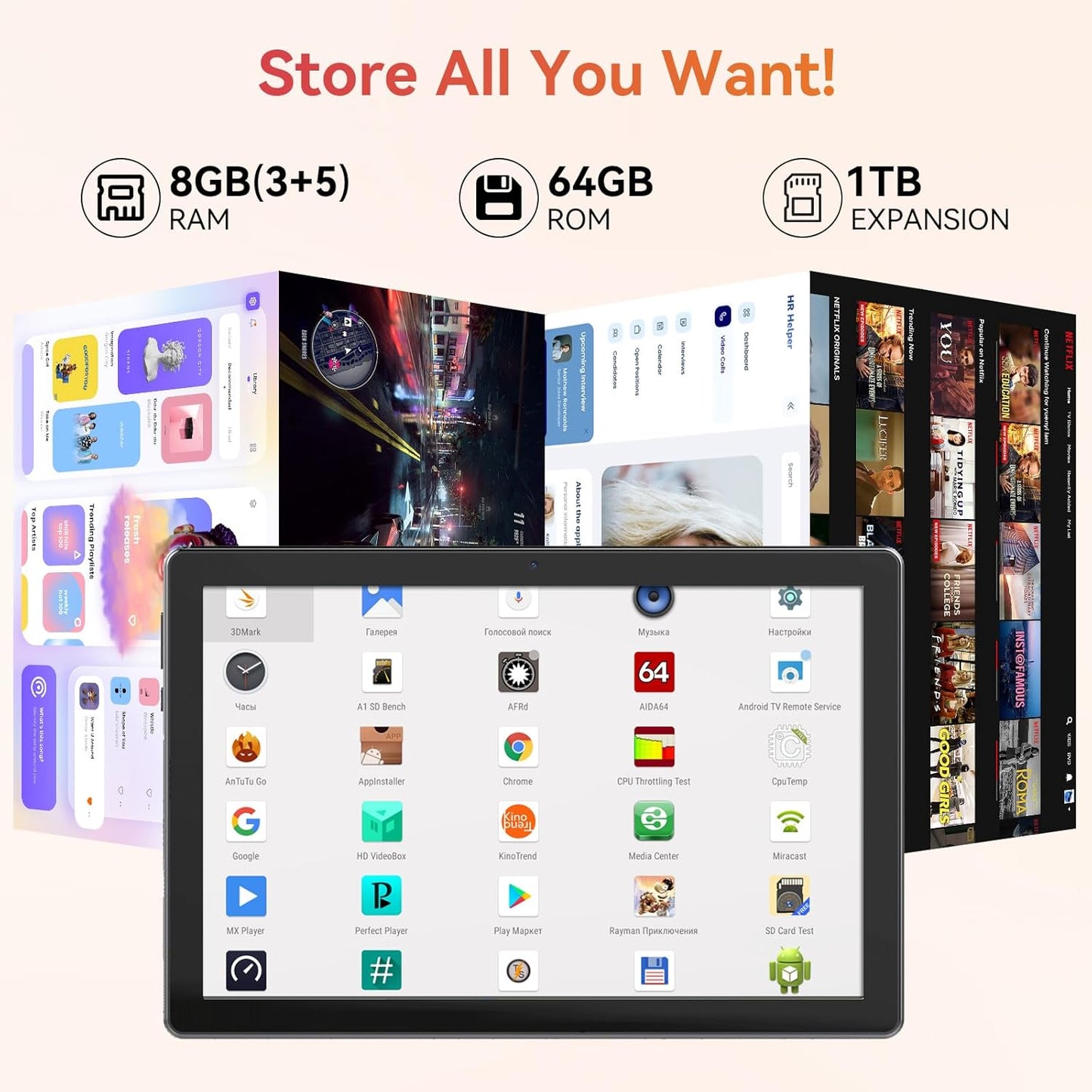 Tablet,10.1" Android Tablet with Octa-Core Processor 8GB RAM 64GB ROM HD IPS Touchscreen 8H Battery, Wi-Fi 6, BT 5.0, Dual Camera, Google Tablets 2025