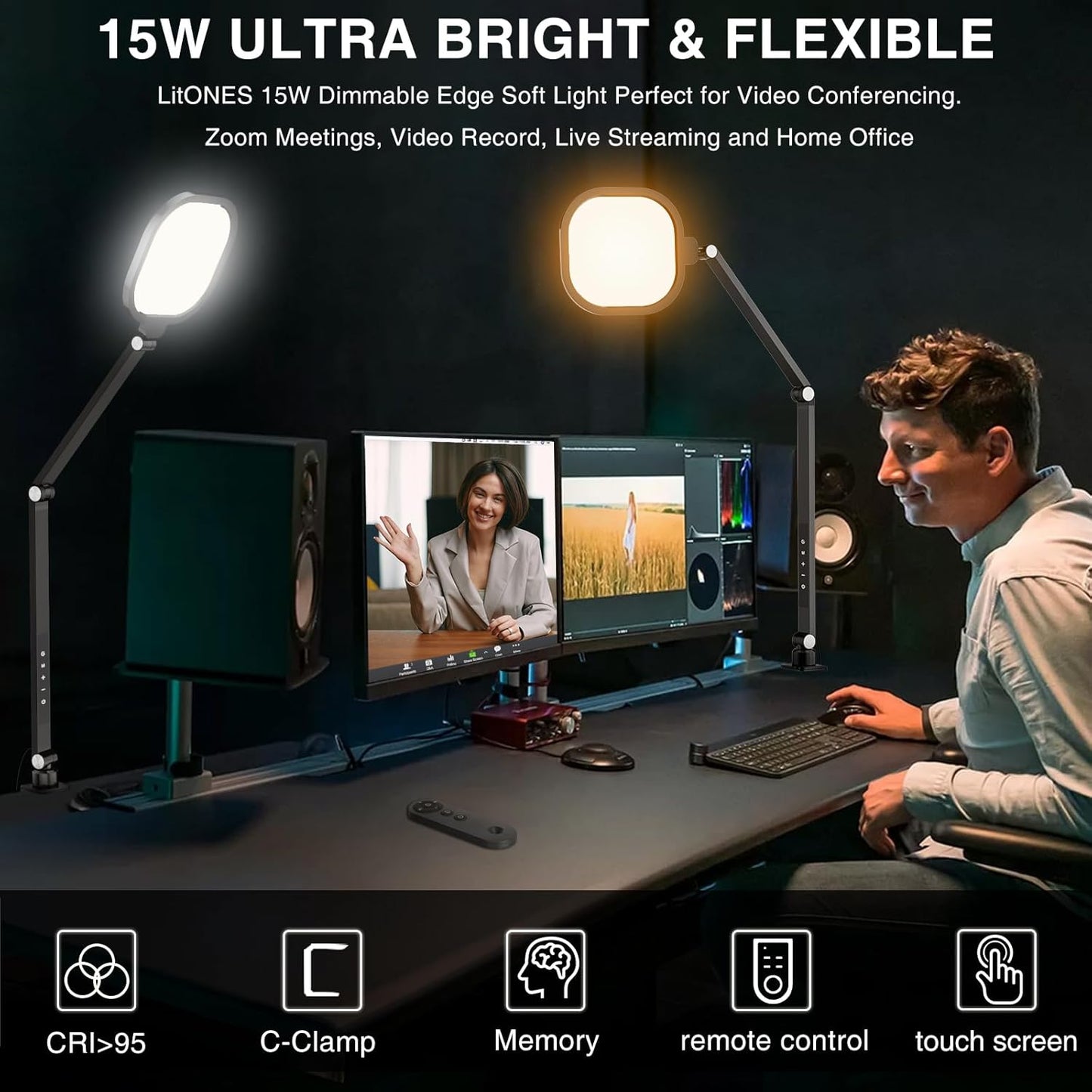 Video Conference Light for Computer, Dimmable Zoom Lighting for Video Calls, Meeting, Laptop & Webcam, 15W Ring Light with C- Clamp,Swing Arm, Remote, Memory & Timer CRI >95