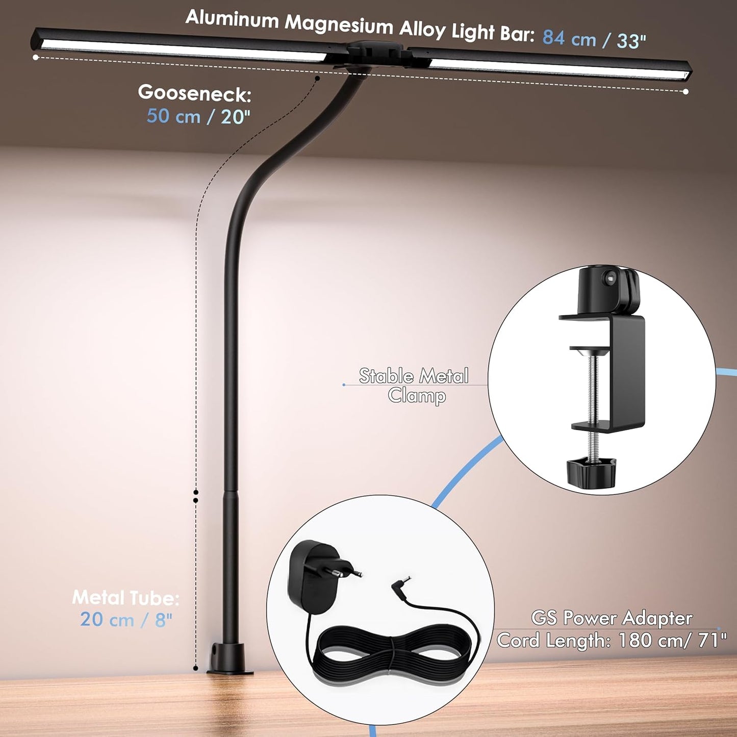 Desk Lamp with Clamp, 31.5" LED Desk Lamp for Home Office, 24W Gesture Sensing Control Desk Light, Dimmable & Color Temperature, Eye-Caring Office Lamp, Brightest Architect Lamp for Screen