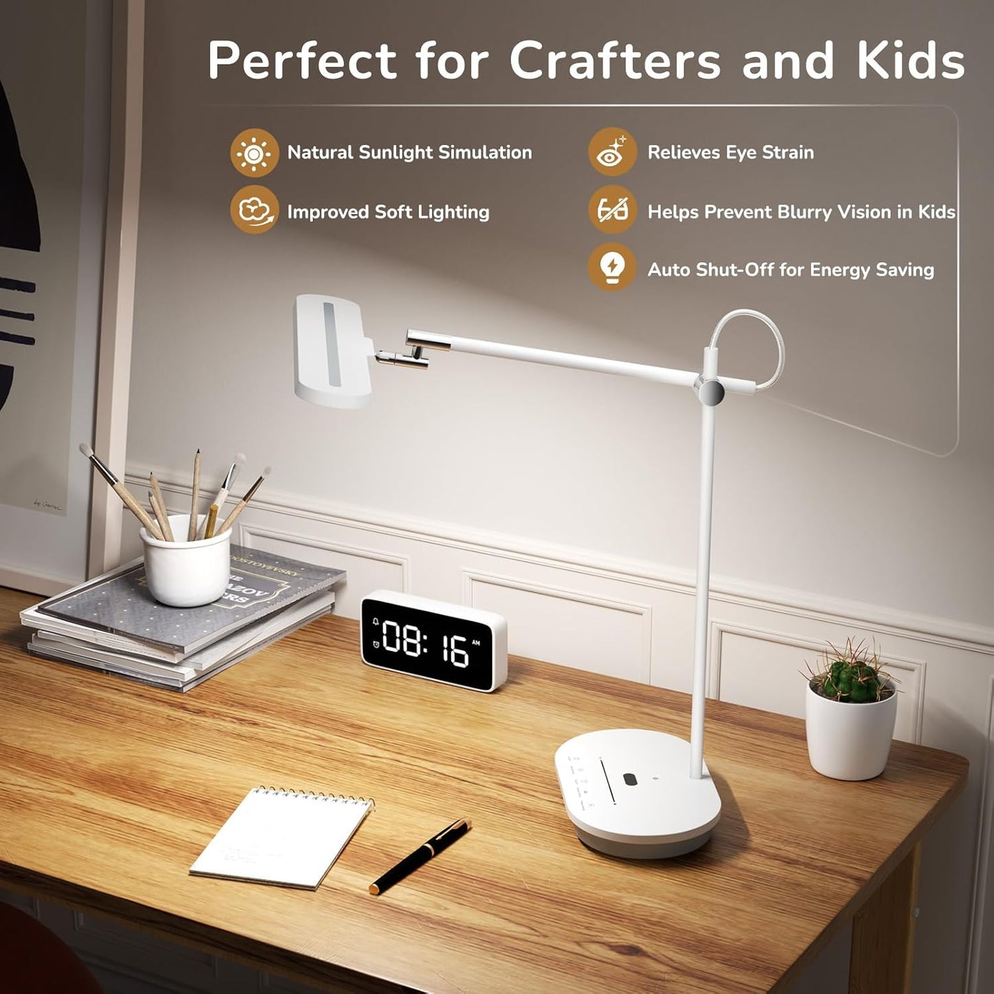 LED Desk Lamp with CRI 98, Advanced Eye-Caring Bright Desk Light for Crafting, Home Office & Kids Studying, Multi-Angle Adjustable, Dimmable Full Spectrum with Touch & Gesture Control