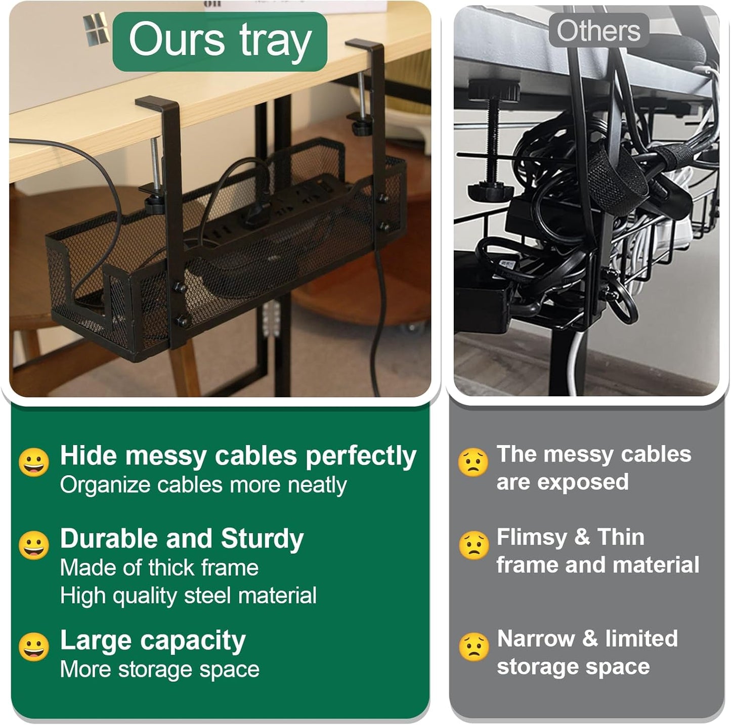 No Drill under Desk Cable Management Tray with Clamp-Premium Wire Tray Cord Organizer β Thin Steel Cable Tray Basket with Charger Holder for DeskβBlack Cable Management BoxβEasy to Install