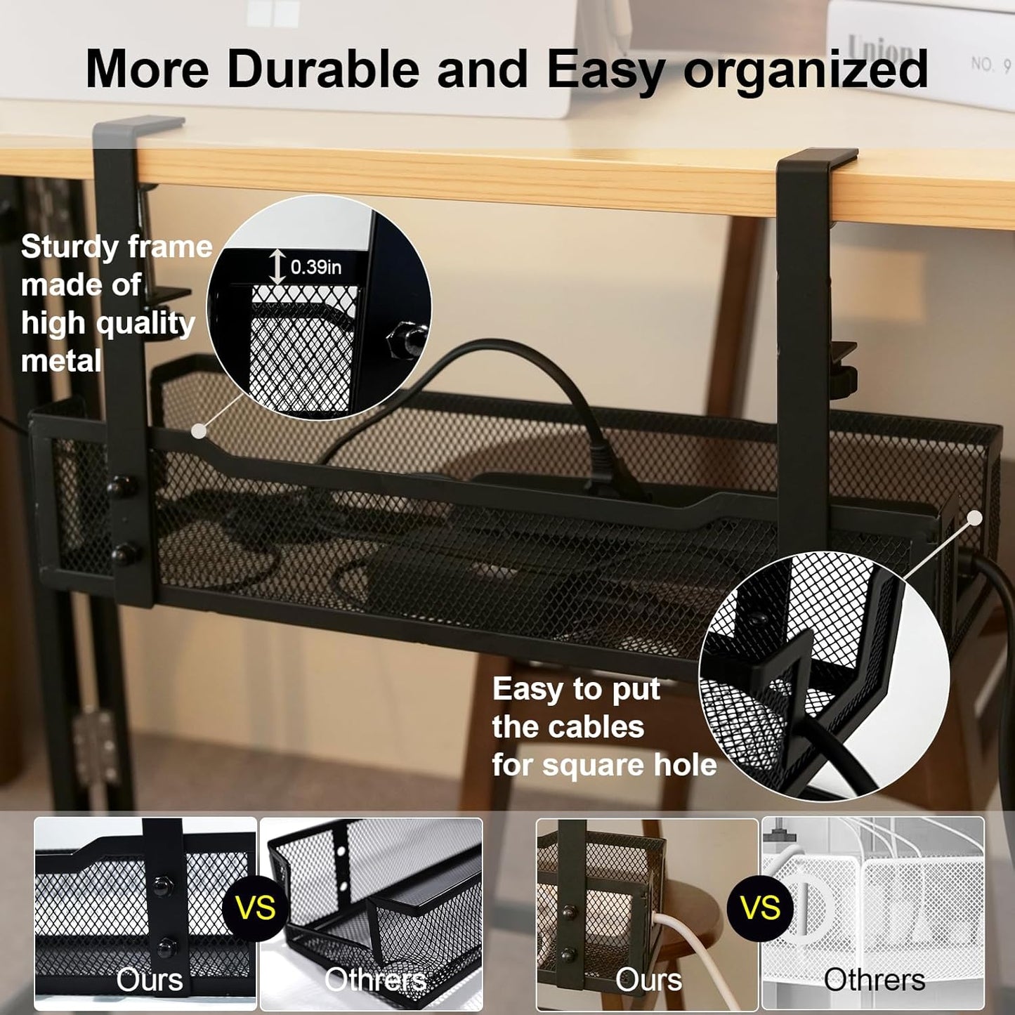 No Drill under Desk Cable Management Tray with Clamp-Premium Wire Tray Cord Organizer β Thin Steel Cable Tray Basket with Charger Holder for DeskβBlack Cable Management BoxβEasy to Install