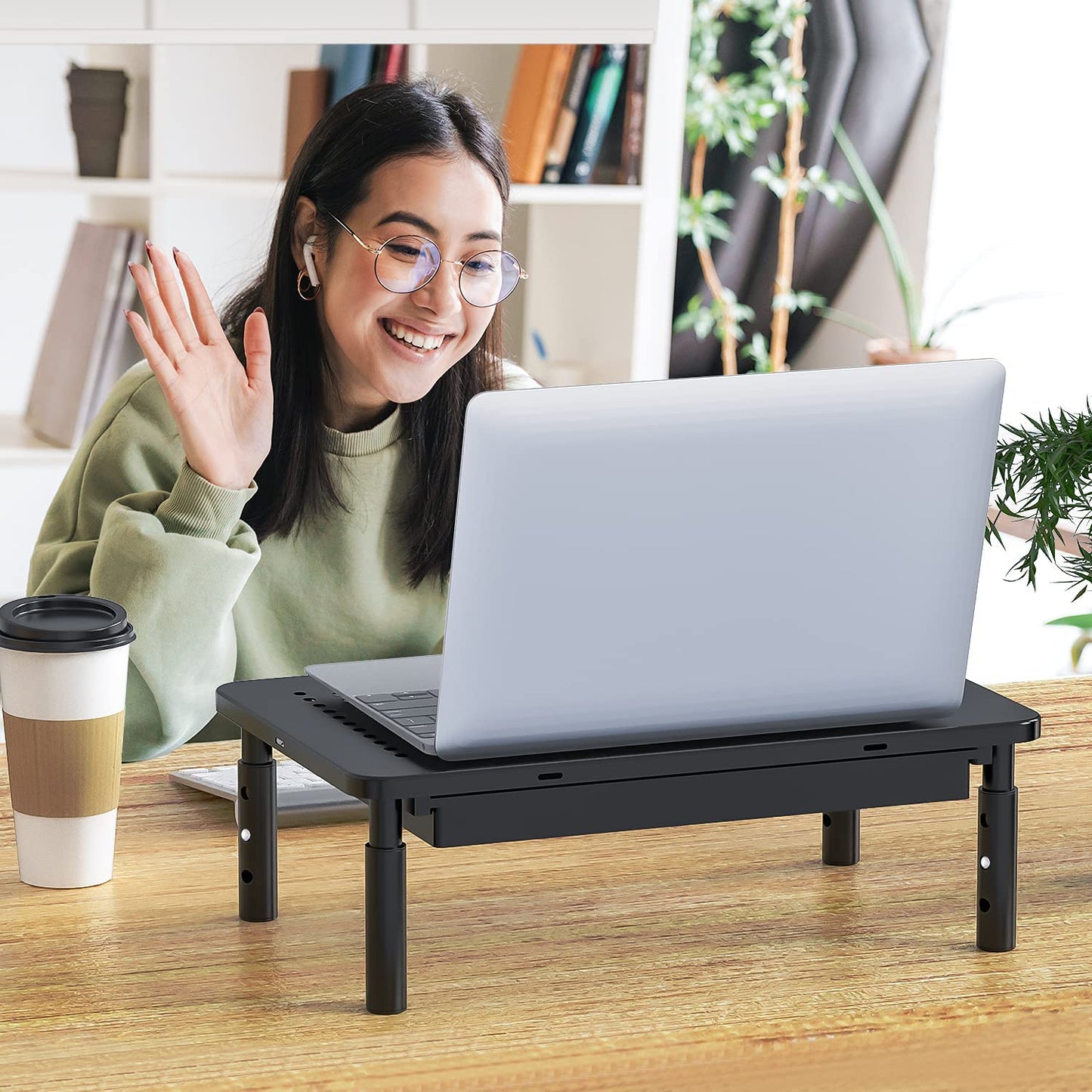 Computer Monitor Stand with Storage, Desk Monitor Riser 3 Height Adjustable, Laptop Riser with Airflow Vents, Desk Organizer for Computer, Laptop, Printer, Notebook (STT003D-B), 1 Pack, Black