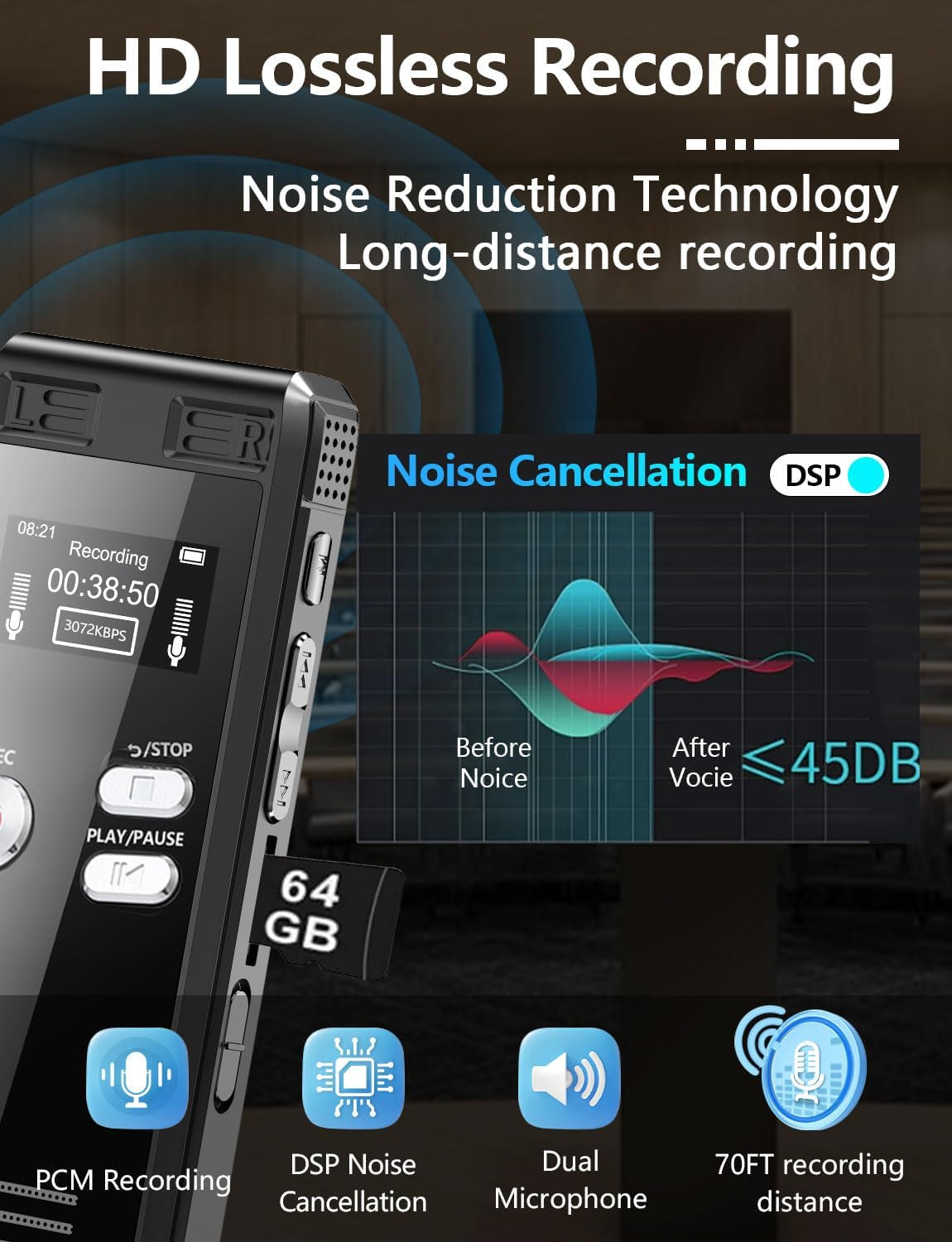 64GB Digital Voice Activated Recorder with Playback - 4552 Hours Audio Recording Device, 3072Kpbs HD Dual MIC Tape Recorder Device for Lecture A-B Repeat, MP3 Player,γ64Gb TF Card Includedγ