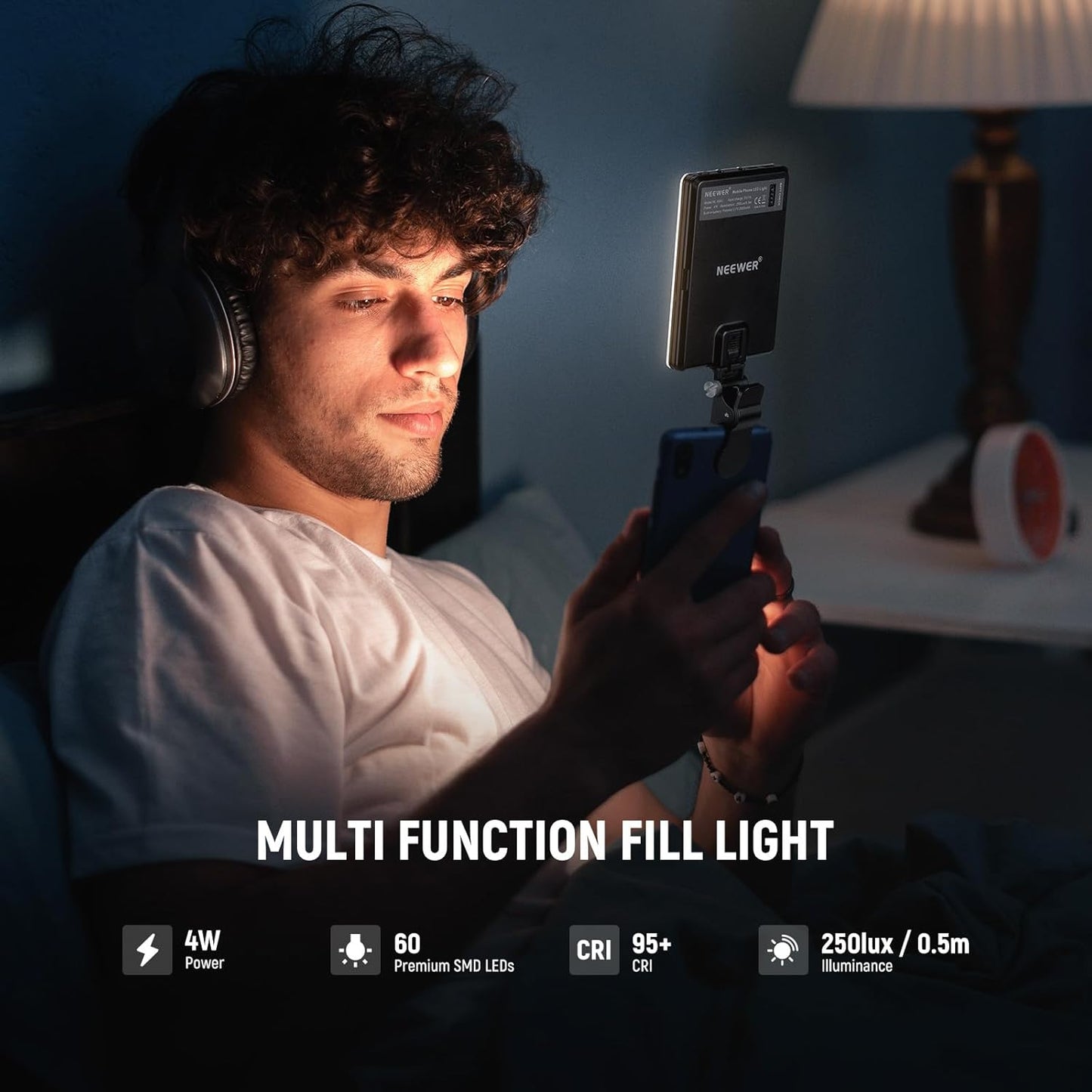 Basic Selfie Light with Front & Back Phone Clip, 60 LED 2000Mah Rechargeable CRI 95+, 3 Light Modes, Portable Clip on Light for Phone/Tablet/Laptop, Zoom Call Tiktok Video Fill Light - NL-60AI