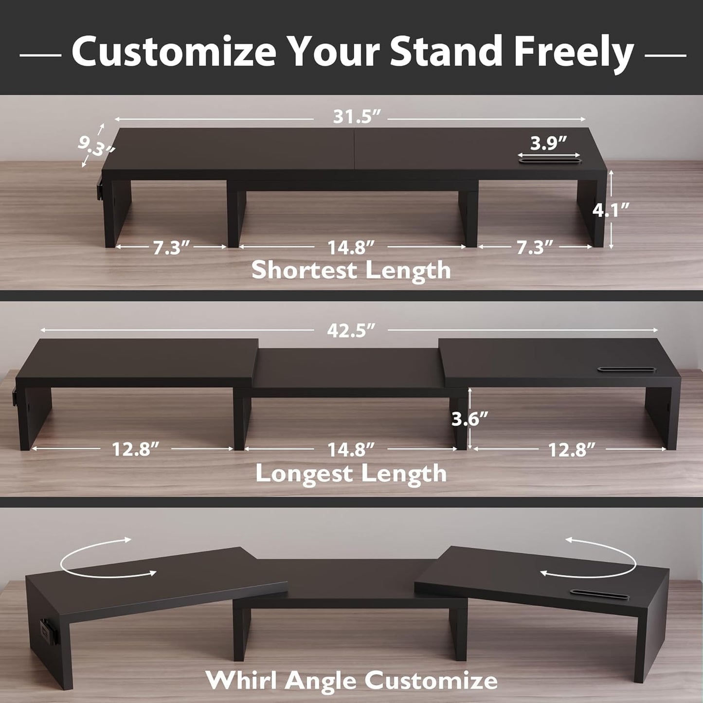 Dual Monitor Stand Riser with Smartphone Holder, Adjustable Length & Swivel Angle, Ergonomic Wooden Desktop Organizer for PC Monitor, Laptop, Printer, Large Storage, Black