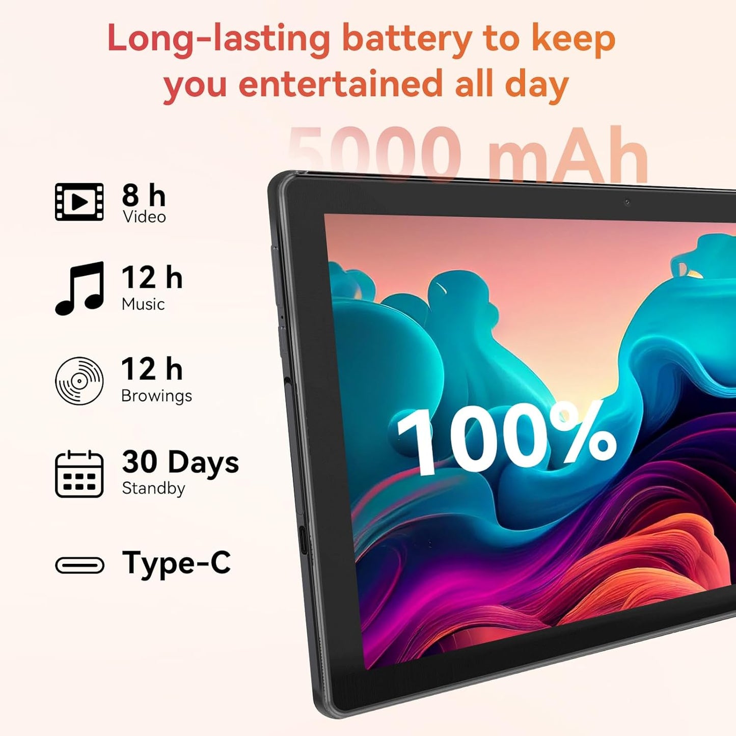 Tablet,10.1" Android Tablet with Octa-Core Processor 8GB RAM 64GB ROM HD IPS Touchscreen 8H Battery, Wi-Fi 6, BT 5.0, Dual Camera, Google Tablets 2025