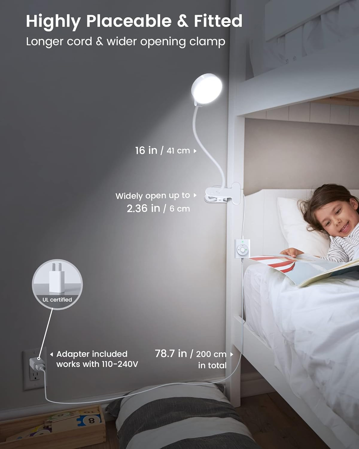 5W Clip on Light, 36 LED Eye Caring Reading Light for Bed, 3 Colors & 5 Brightness Clip on Lamp with Adapter, Perfect Reading Light for Bed Lamp/Bunk Bed Light