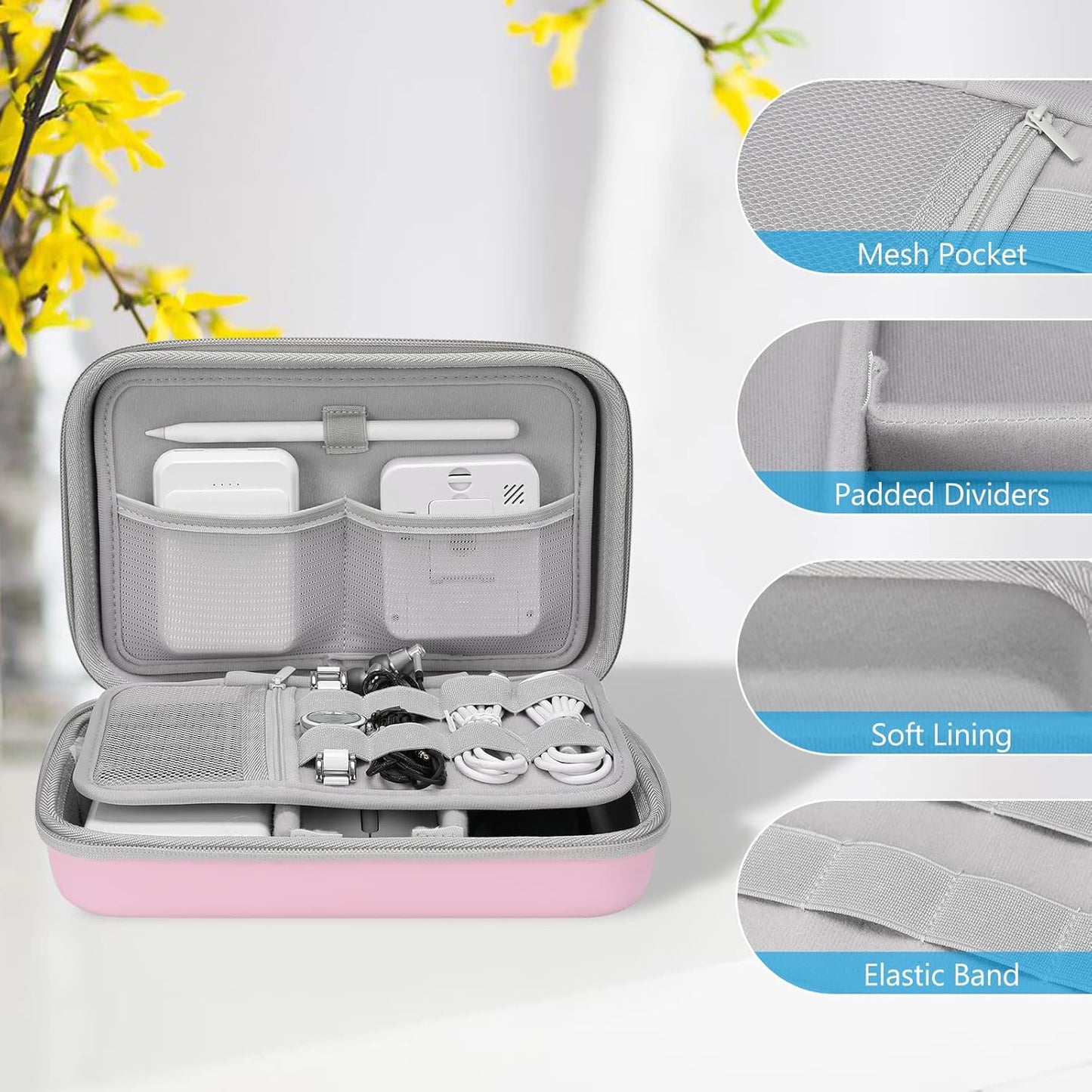 Hard Travel Electronic Organizer Case for Macbook Power Adapter Chargers Cables Power Bank Apple Magic Mouse Apple Pencil USB Flash Disk SD Card Small Portable Accessories Bag -L, Rosegold