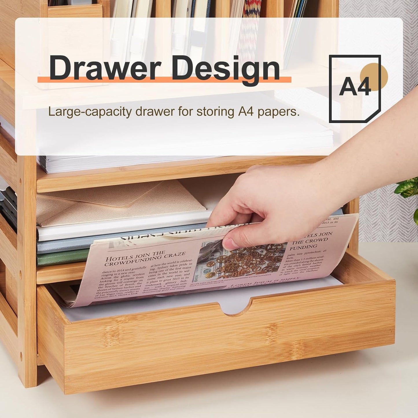 Bamboo Desk Organizer with Drawer and File Holder, Office Organization for Desks with Adjustable Pen Holding, Desktop Letter Paper Tray Storage for Workplace Home School (Natural, L)