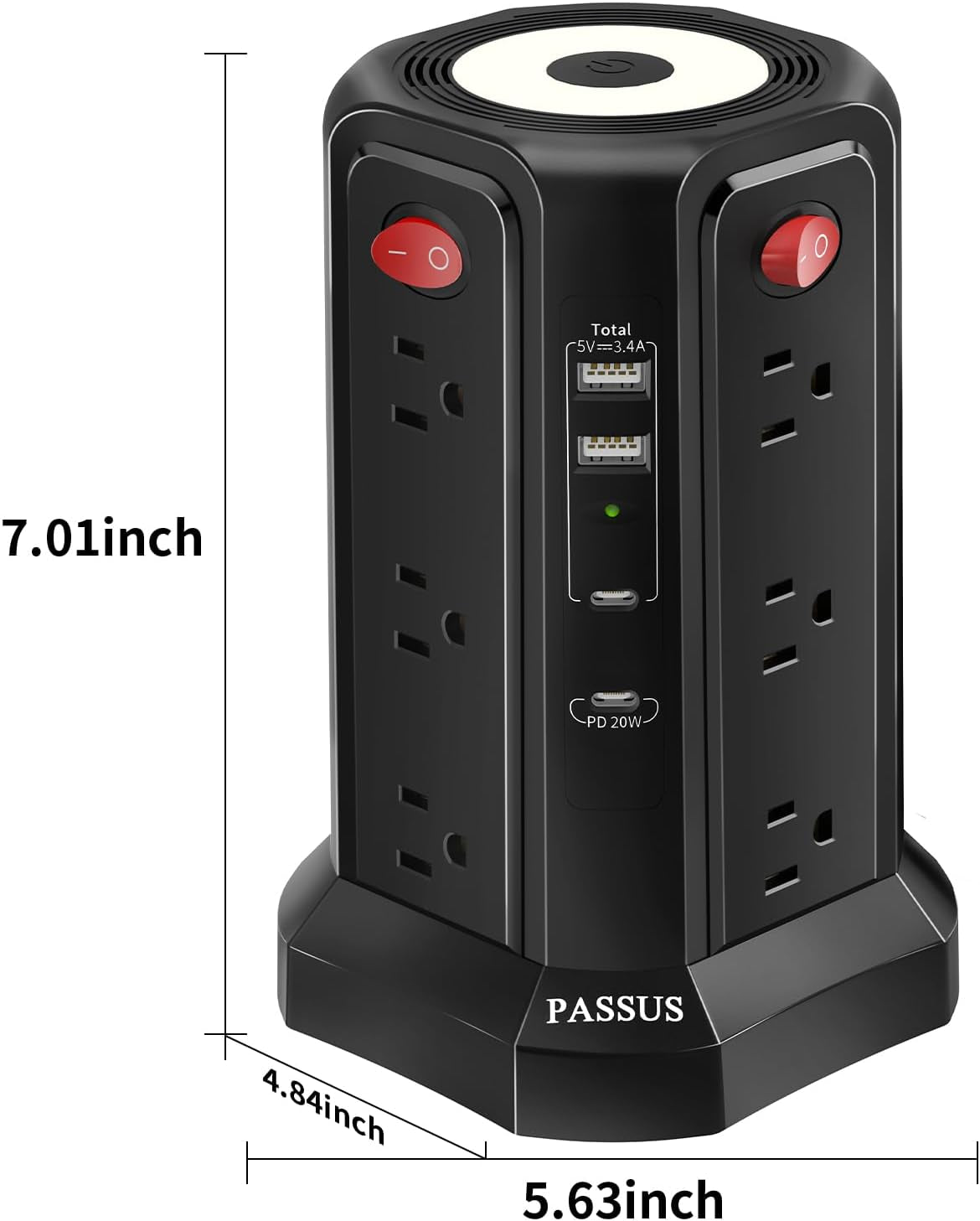 Long Surge Protector Power Strip 16 FT Cord, PD20W USB C Power Strip Tower with Night Light, Extension Cord with Multiple Outlets with 4 USB Ports, Charging Station Home Office Essentials Black