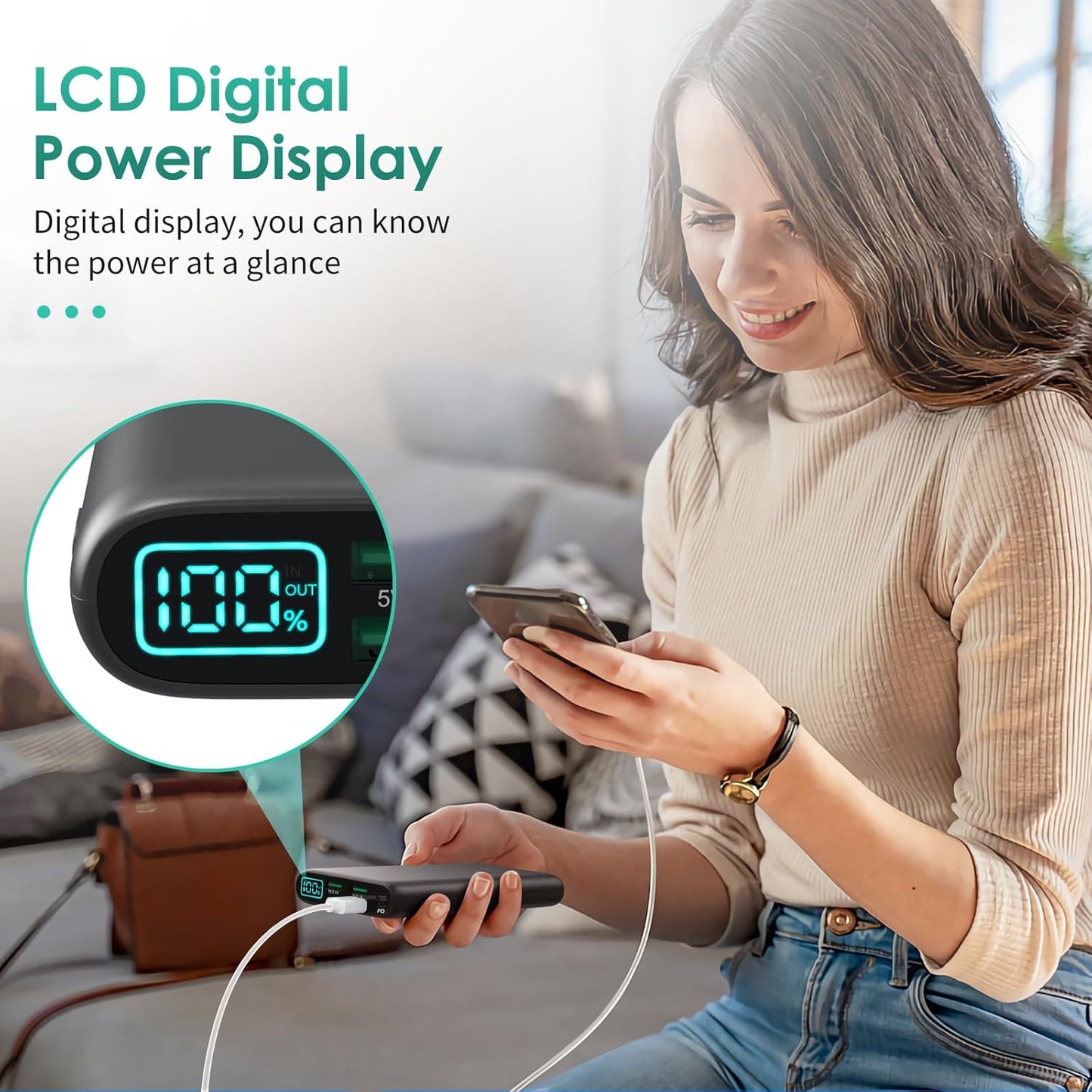 Portable Charger 38800Mah,Lcd Display Power Bank,5 USB Outputs Battery Pack Backup, USB-C In&Out Dual Input Phone Charging Compatible with Iphone 16/15/14/13 Pro/12,Android Samsung Galaxy Pixel Nexus
