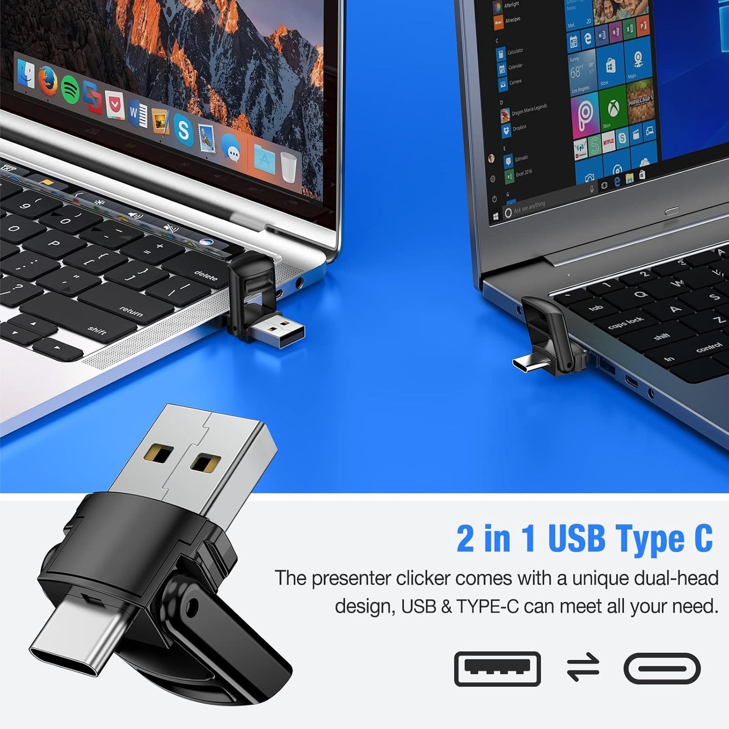 2-In-1 USB Type C Presentation Clicker Wireless Presenter Remote for Powerpoint, Powerpoint Clicker with Volume Control Powerpoint Slide Advancer for Mac, Computer, Laptop-E600