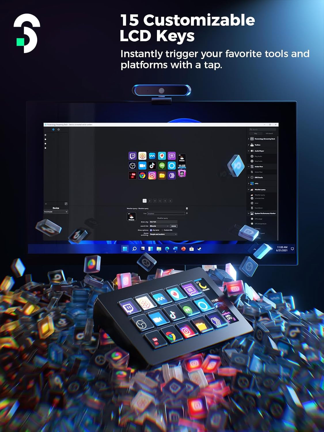 Stream Controller - Stream Control Deck with 15 LCD Macro Keys Customizable to Trigger Actions in OBS Twitch Youtube Compatible with PC & Mac for Content Creators Streaming Gaming