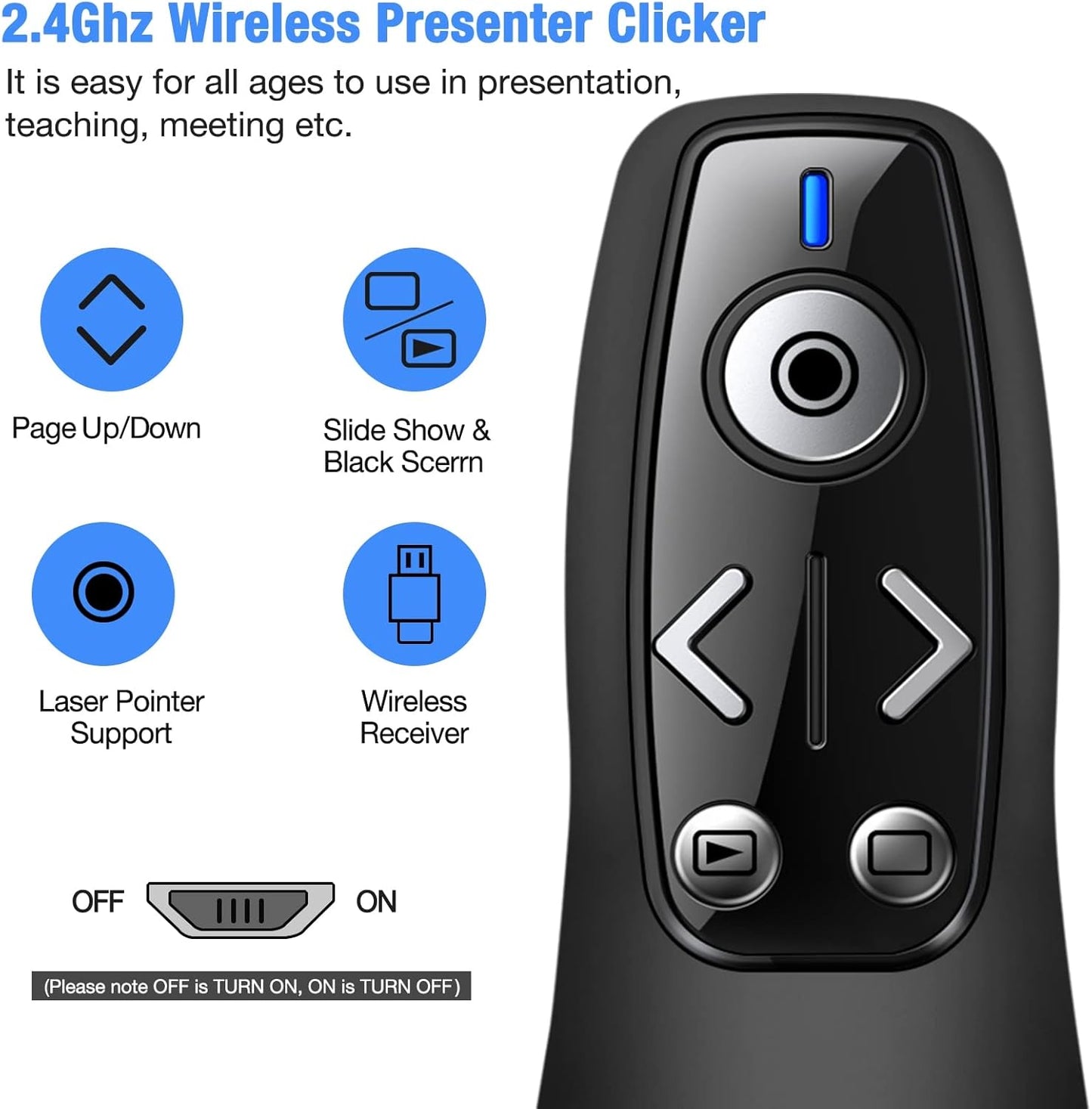 2-In-1 USB Type C Presentation Clicker Wireless Presenter Remote for Powerpoint, Powerpoint Clicker with Volume Control Powerpoint Slide Advancer for Mac, Computer, Laptop-E600