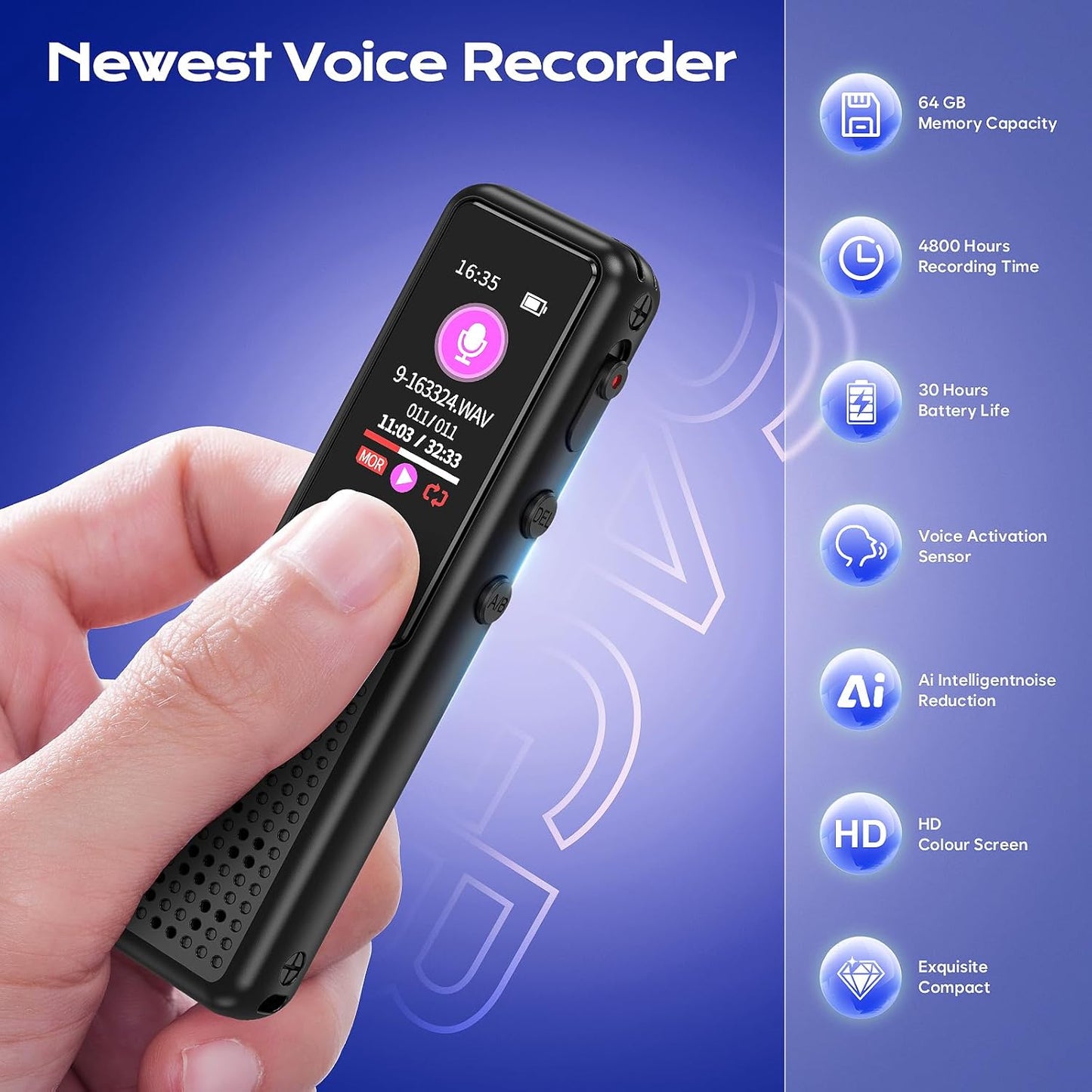 64GB Voice Recorder - Upgraded Digital Voice Activated Recorder with AI Noise Reduction Technology, Dictaphone Tape Recorder Device with Playback for Lectures Meetings/Classes/Interview