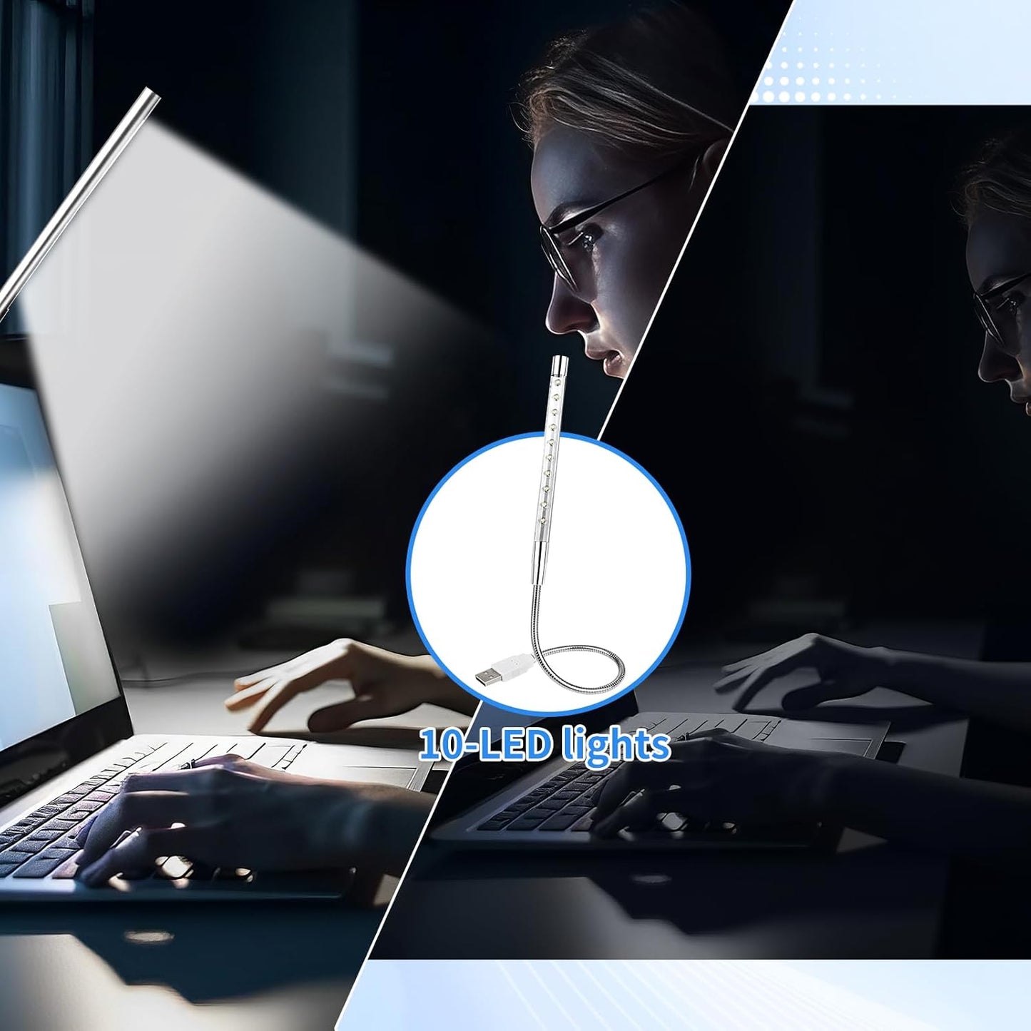 Keyboard Light Portable USB LED Light 10 Lamp Beads LED Laptop Light with Long Gooseneck Flexible Stick Laptop Light for Reading Book and Striking Keyboard (No Touch Switch, 1 Pcs, Silver)