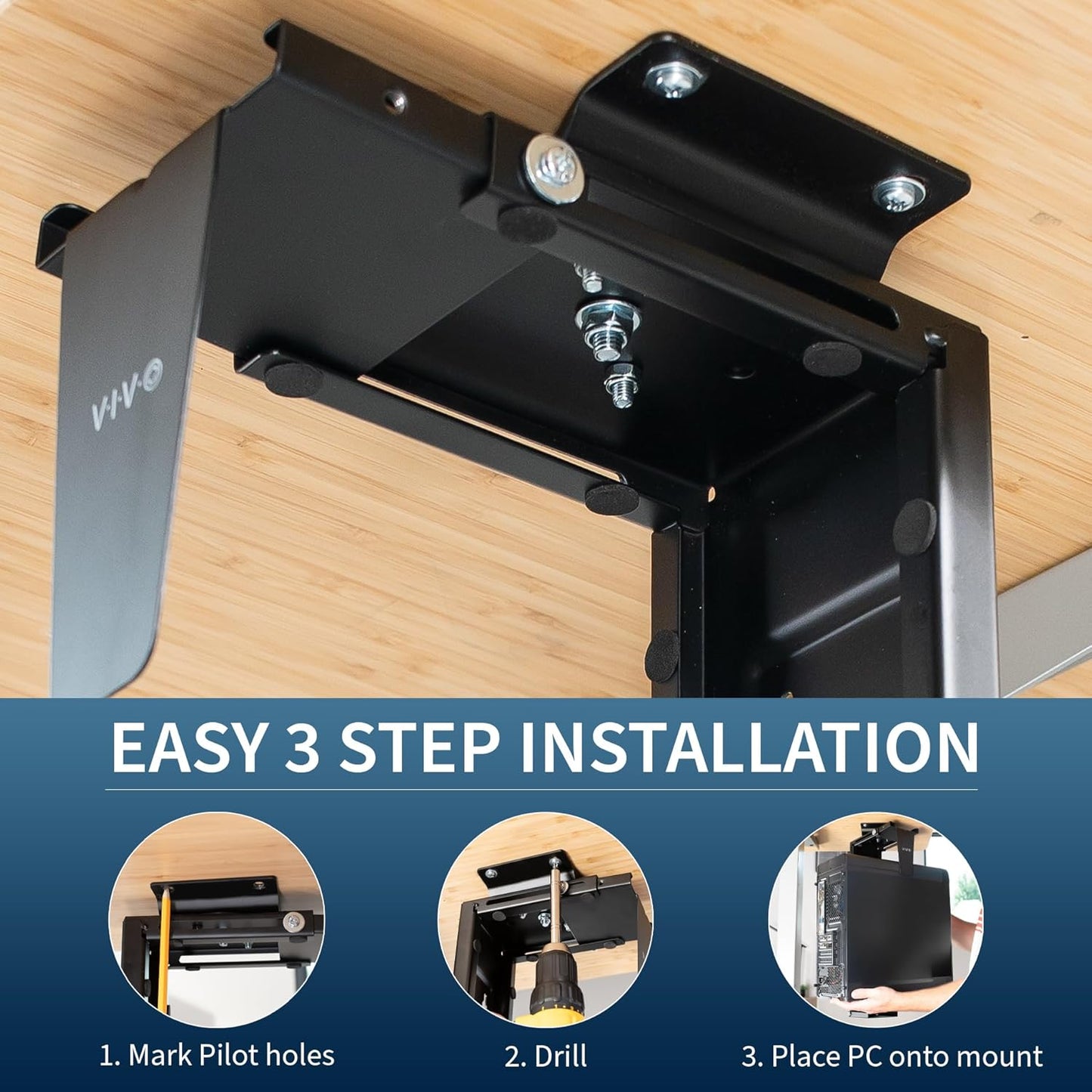 Adjustable under Desk and Wall PC Mount, Computer Case CPU Holder with Swivel Action and Secure Locking, Black, MOUNT-PC01