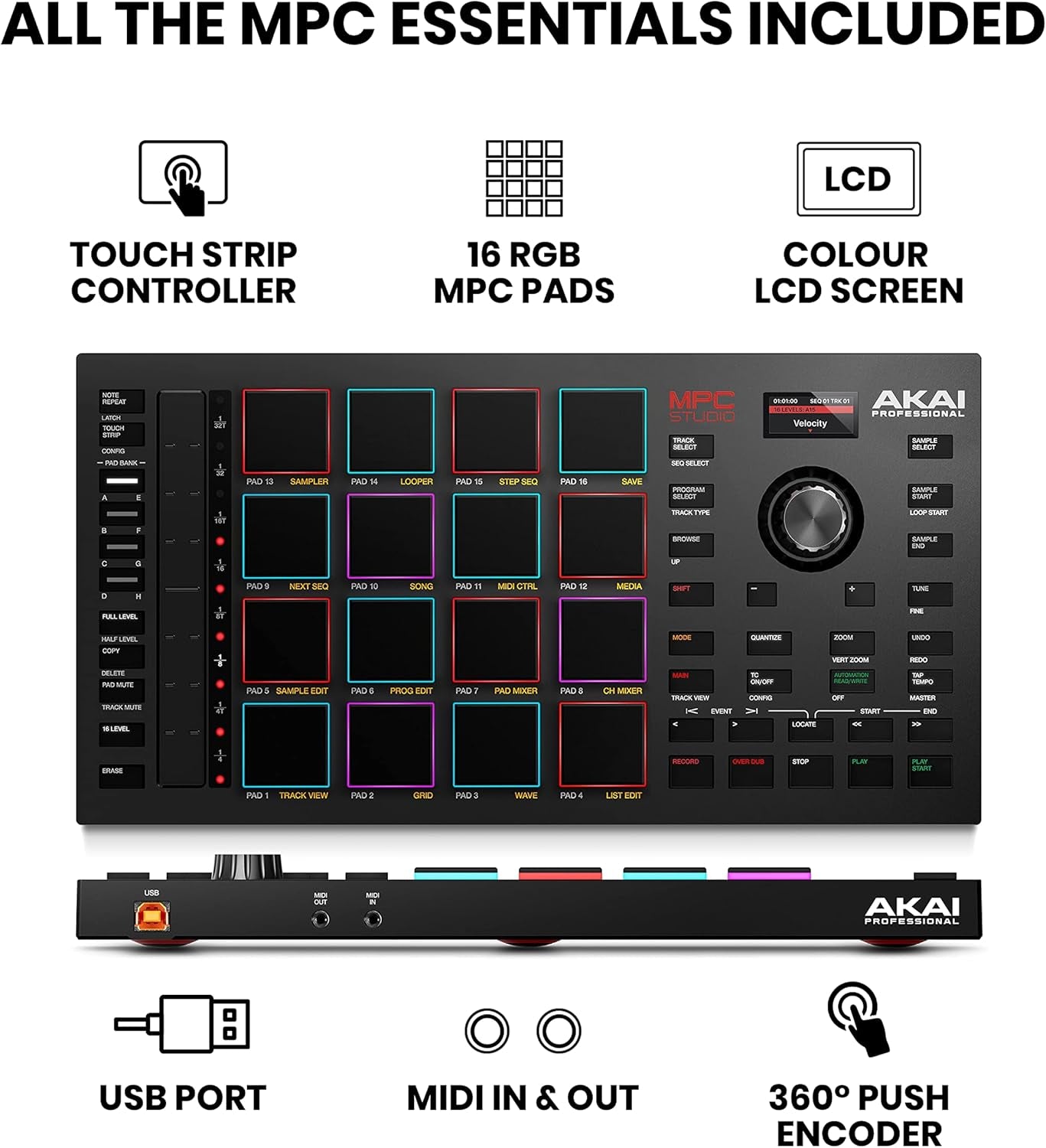 MPC Studio MIDI Controller Beat Maker with 16 Velocity Sensitive RGB Pads, Full MPC 2 Software, Assignable Touch Strip & LCD Display