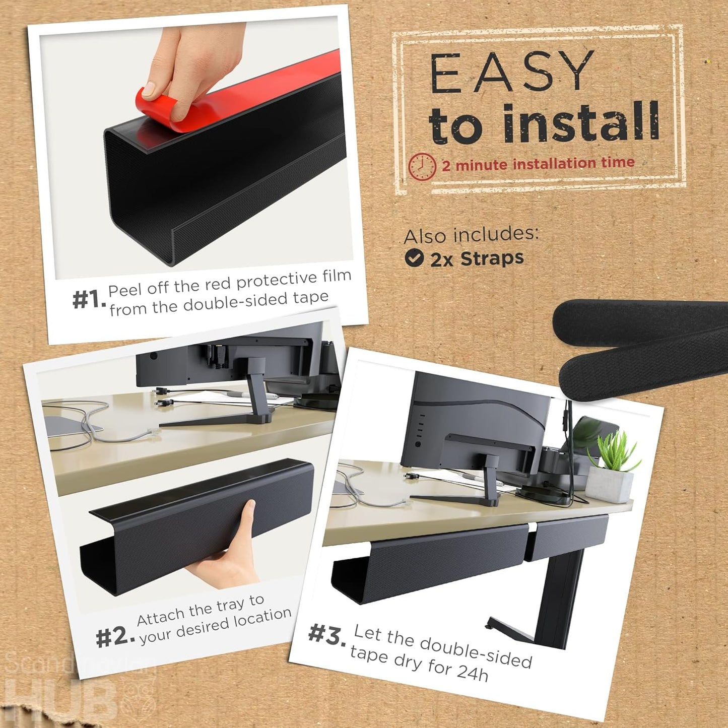 No-Screw under Desk Cable Management Tray - Self-Adhesive Installation, Cord Management, Cable Tray, under Desk Wire Organizer - Black Set of 2