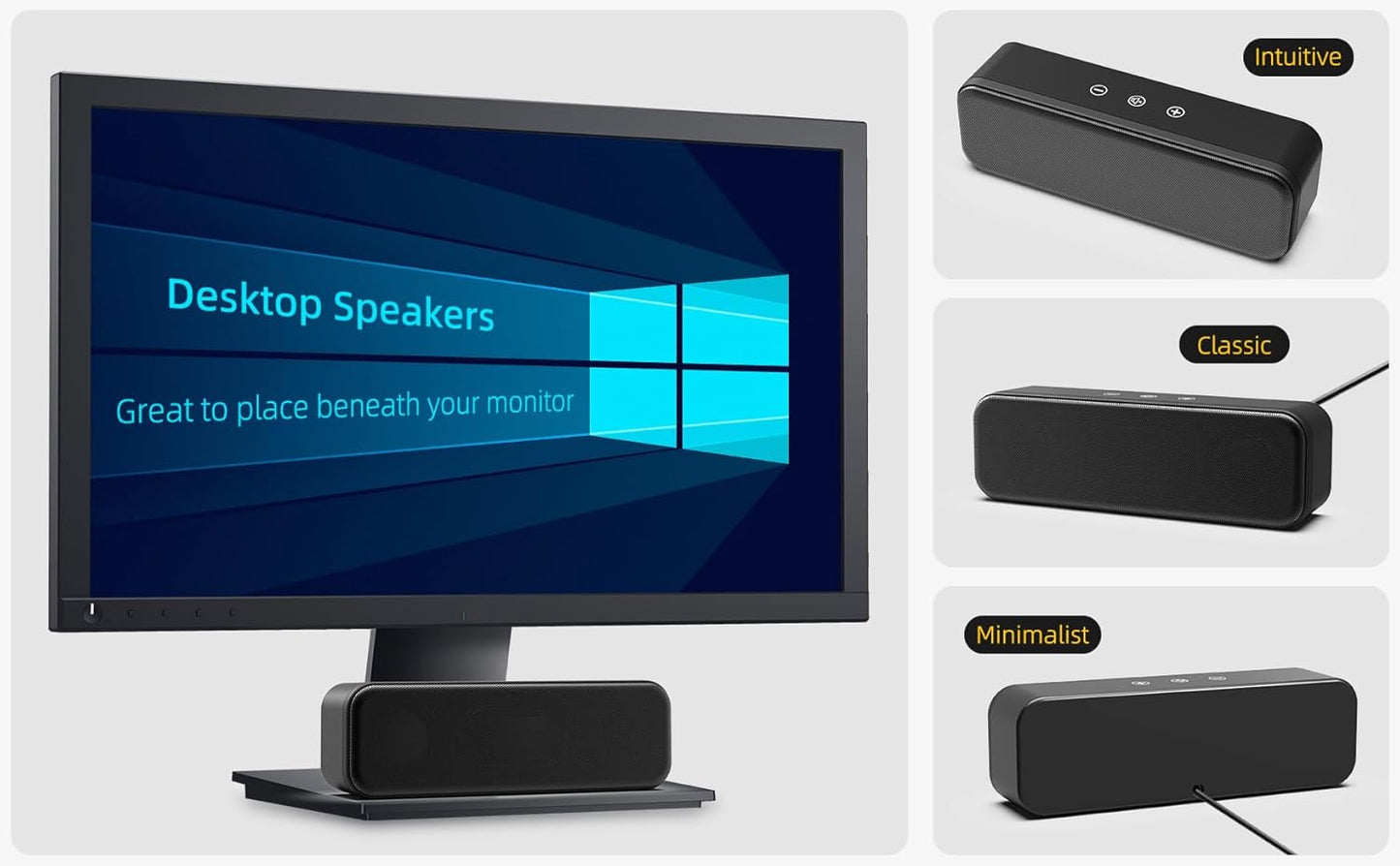 Computer Speakers for Desktop PC Laptop, Wired, USB Plug-In, External Speakers for Monitor, Small Computer Sound Bar for PC, Loud Speaker with Deep Bass, Touch Control, Built-In USB-C to USB Adapter