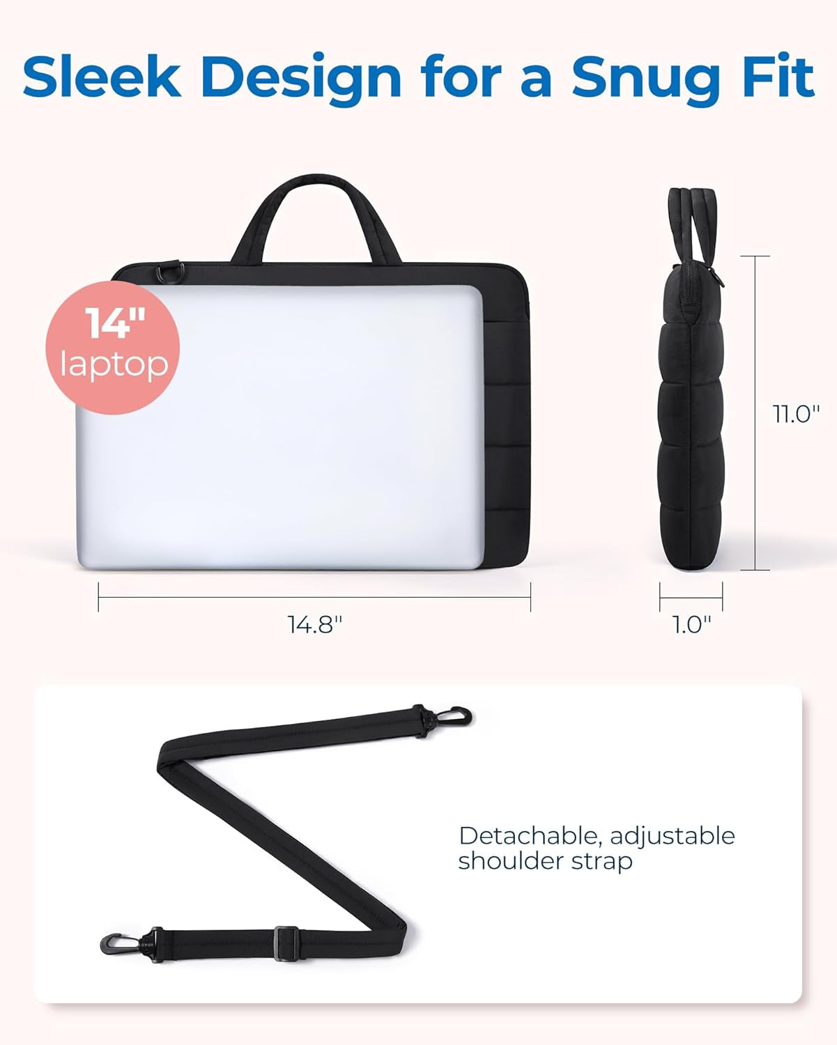 13-14 Inch Laptop Bag, Puffy Cute Laptop Case Sleeve with Handle for Women, Portable Macbook Air/Pro 13 Inch Case Sleeve with Strap, Black