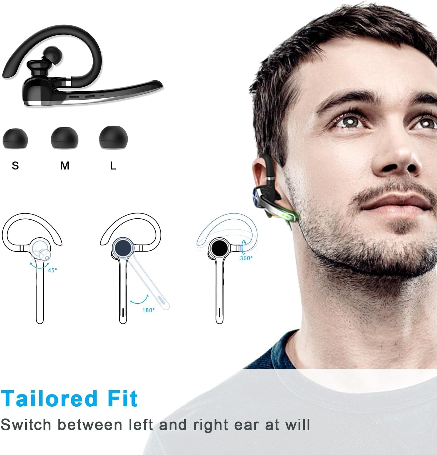 Bluetooth Headset, Wireless Bluetooth Earpiece with 500Mah Charging Case 72 Hours Talking Time Built-In Microphone for Ios Android Cell Phone, V5.1 Hand-Free Headphones for Trucker, Office