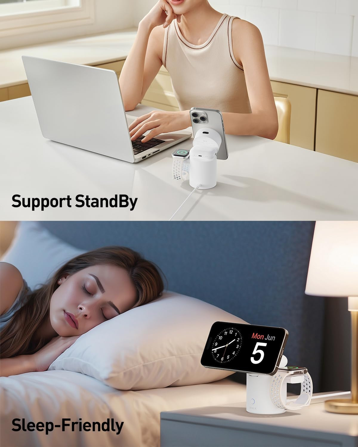 3 in 1 Wireless Charging Stand with Auto Rotation, Charging Station with Magnet for Apple Devices, 15W Foldable Wireless Charger Station for Iphone 16 15 14 13 12 & Apple Watch & Airpods, White