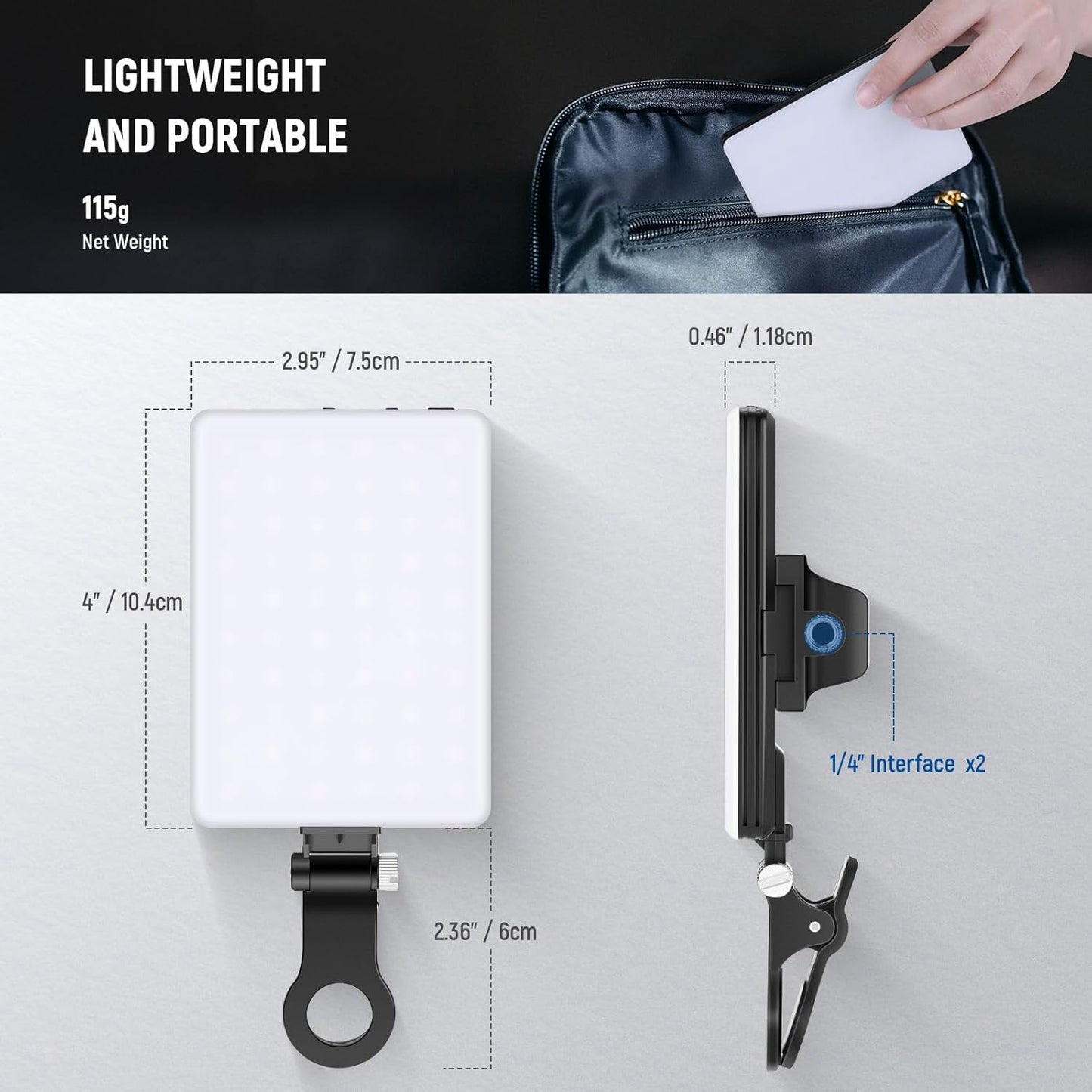 Basic Selfie Light with Front & Back Phone Clip, 60 LED 2000Mah Rechargeable CRI 95+, 3 Light Modes, Portable Clip on Light for Phone/Tablet/Laptop, Zoom Call Tiktok Video Fill Light - NL-60AI
