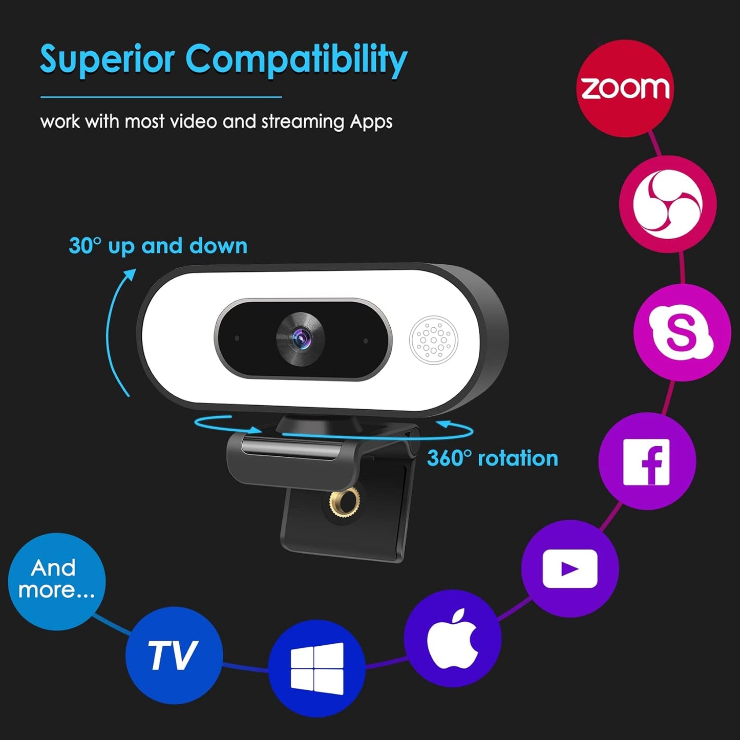 Webcam with Ring Light - Plug and Play, Privacy Cover and Tripod Included, 1080P Full HD Pro Streaming Web Camera with Microphone, USB Computer Camera for PC Mac Laptop Desktop