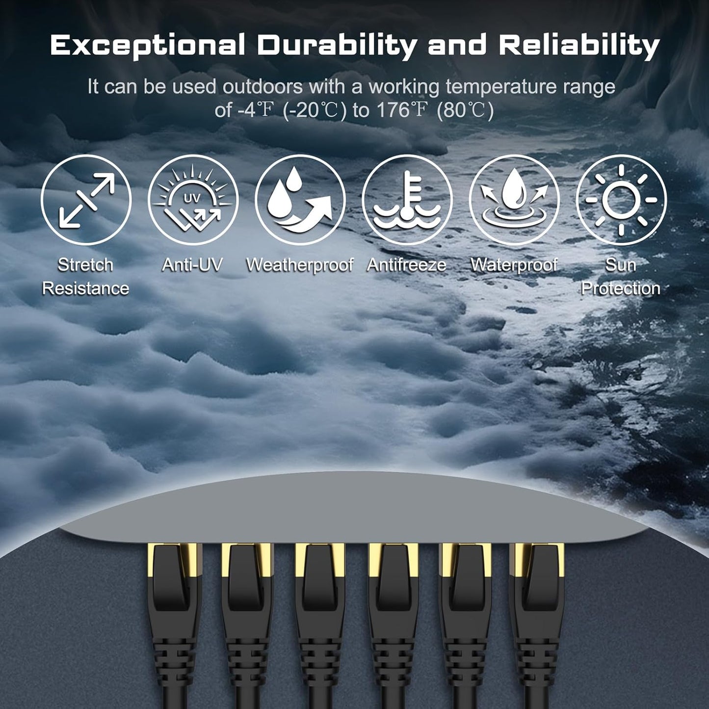 Cat8 Ethernet Cable, Outdoor&Indoor, 6FT Heavy Duty High Speed 26AWG, 2000Mhz with Gold Plated RJ45 Connector, Weatherproof F/FTP UV Resistant for Router, Modem, PC, Gaming