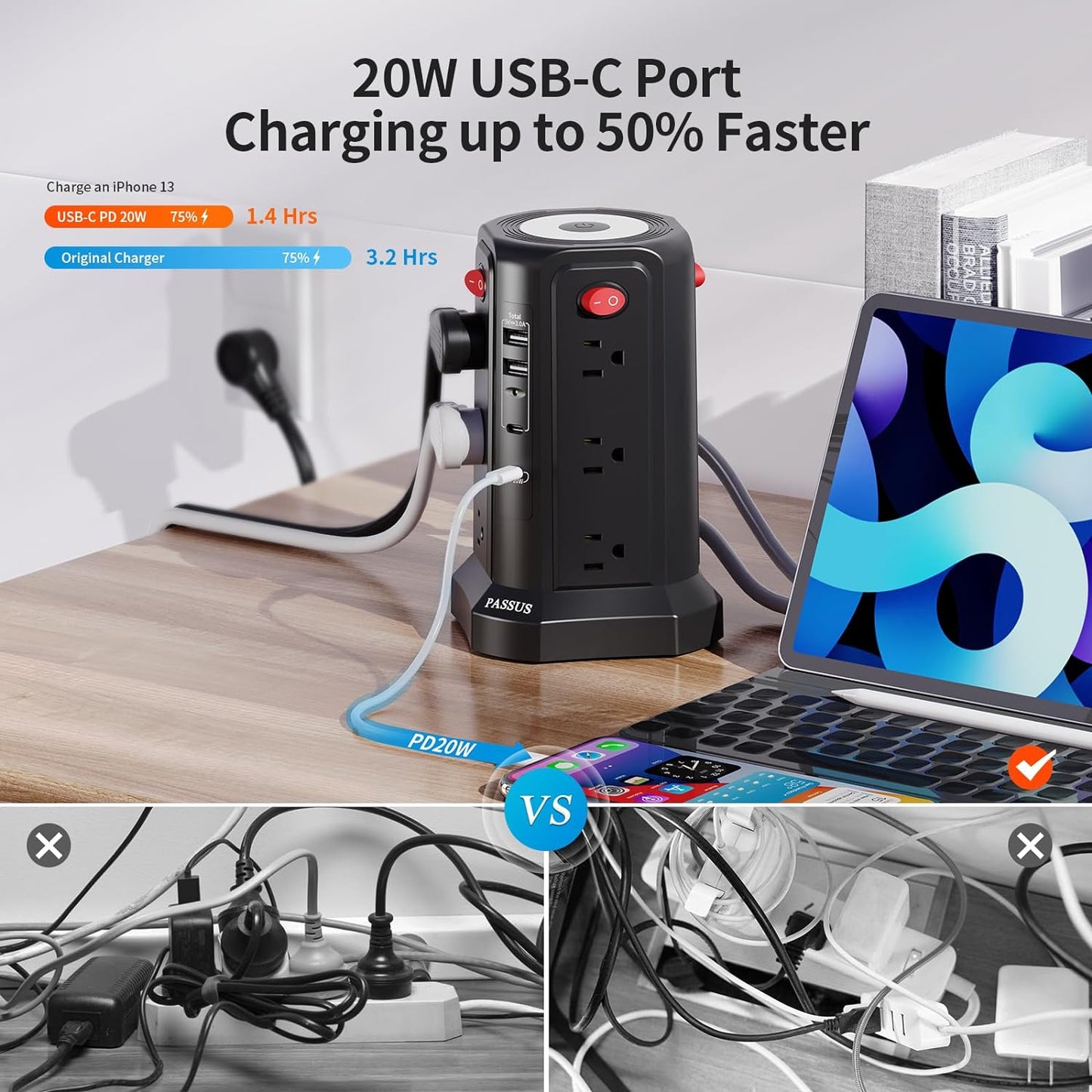 Long Surge Protector Power Strip 16 FT Cord, PD20W USB C Power Strip Tower with Night Light, Extension Cord with Multiple Outlets with 4 USB Ports, Charging Station Home Office Essentials Black