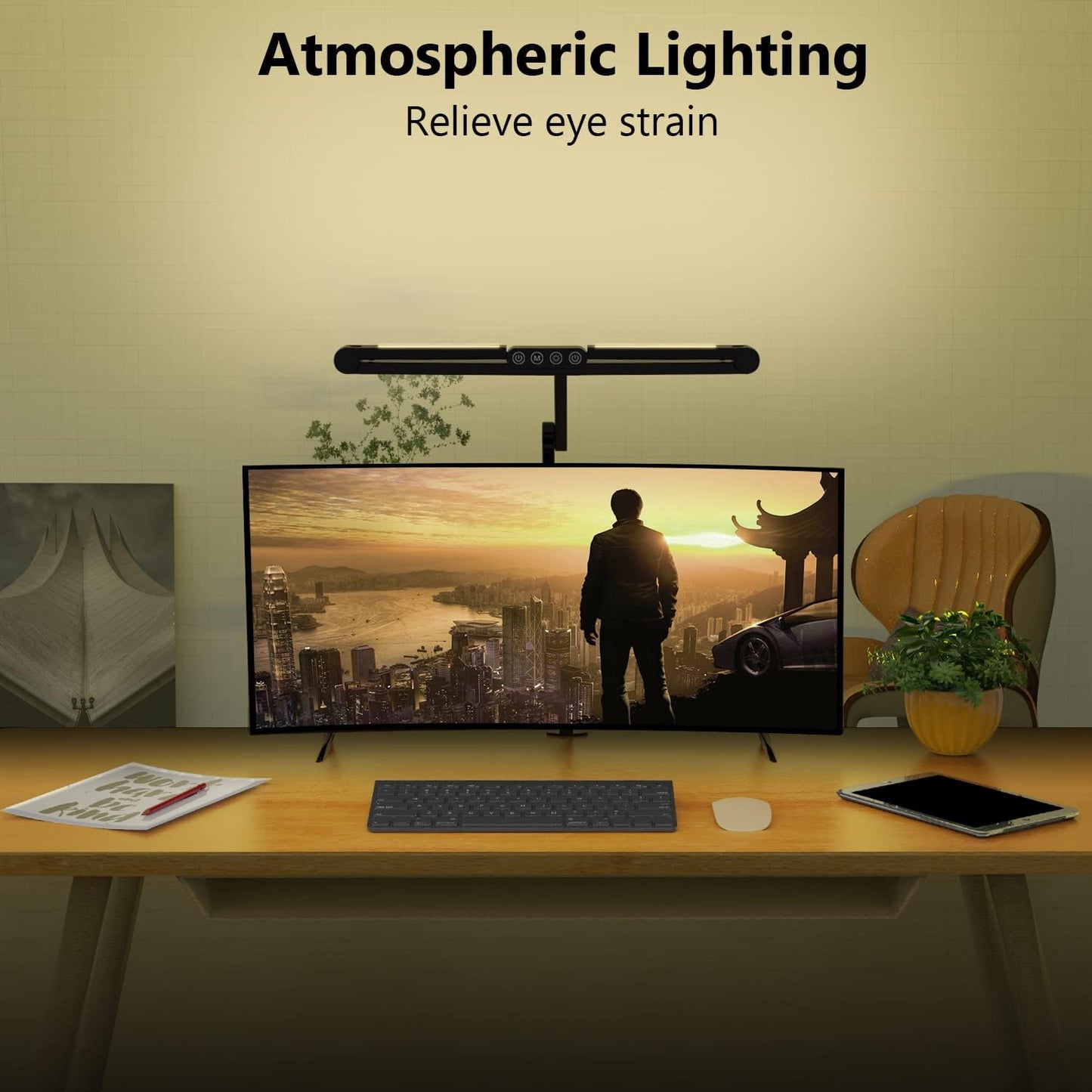 Led Desk Lamp with Clamp, Architect Desk Lamp for Home Office with Atmosphere Lighting, 24W Ultra Bright Auto Dimming Computer Light Stepless Dimming and Tempering LED Table Light