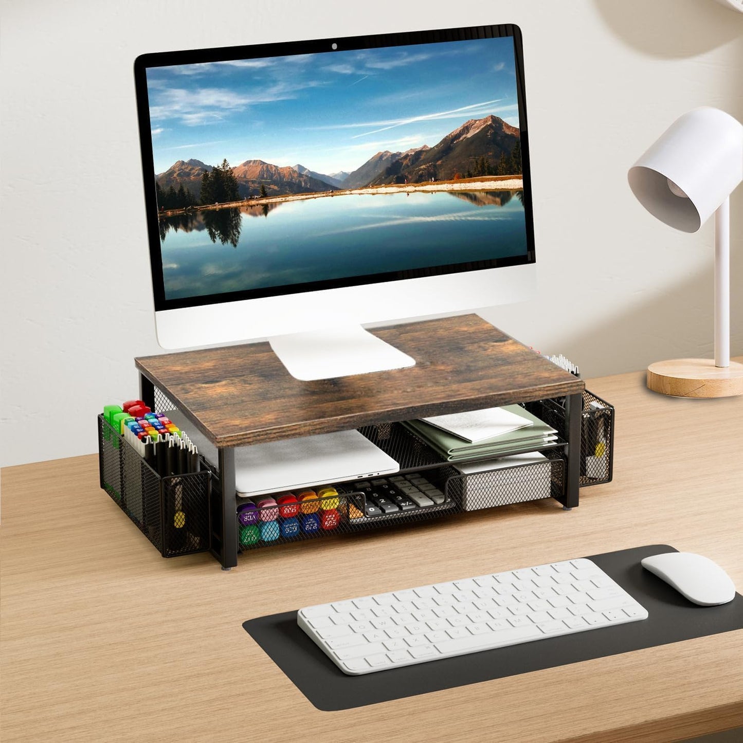 Monitor Stand Riser, Desk Organizer with Drawer and Pen Holder, 2-Tier Computer Stand, Office Desk Accessories, Office Organization (Wood)