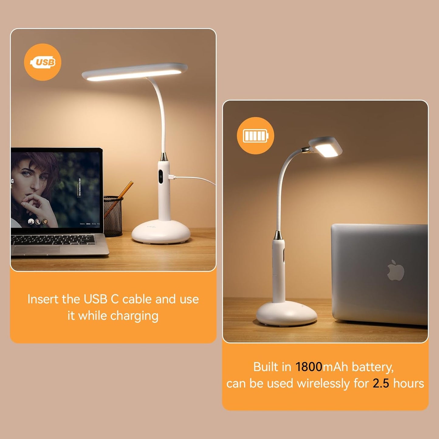 LED Desk Lamp 6778B - Touch Control, Adjustable 2700-7000K Color Temperature, 700 Lumens, 360° Flexible Gooseneck, USB-C Charging, 2.5Hrs Cordless, Eye-Caring Light (White)