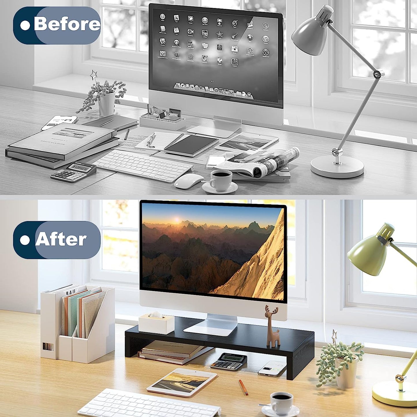 20 Inch Monitor Stand Riser, Wood Monitor Stand for Desk, Tv/Screen/Pc/Printer/Laptop Riser, Computer Stand with Keyboard Organizer, Black Desktop Stand, Monitor Riser (Black, 20 Inch)